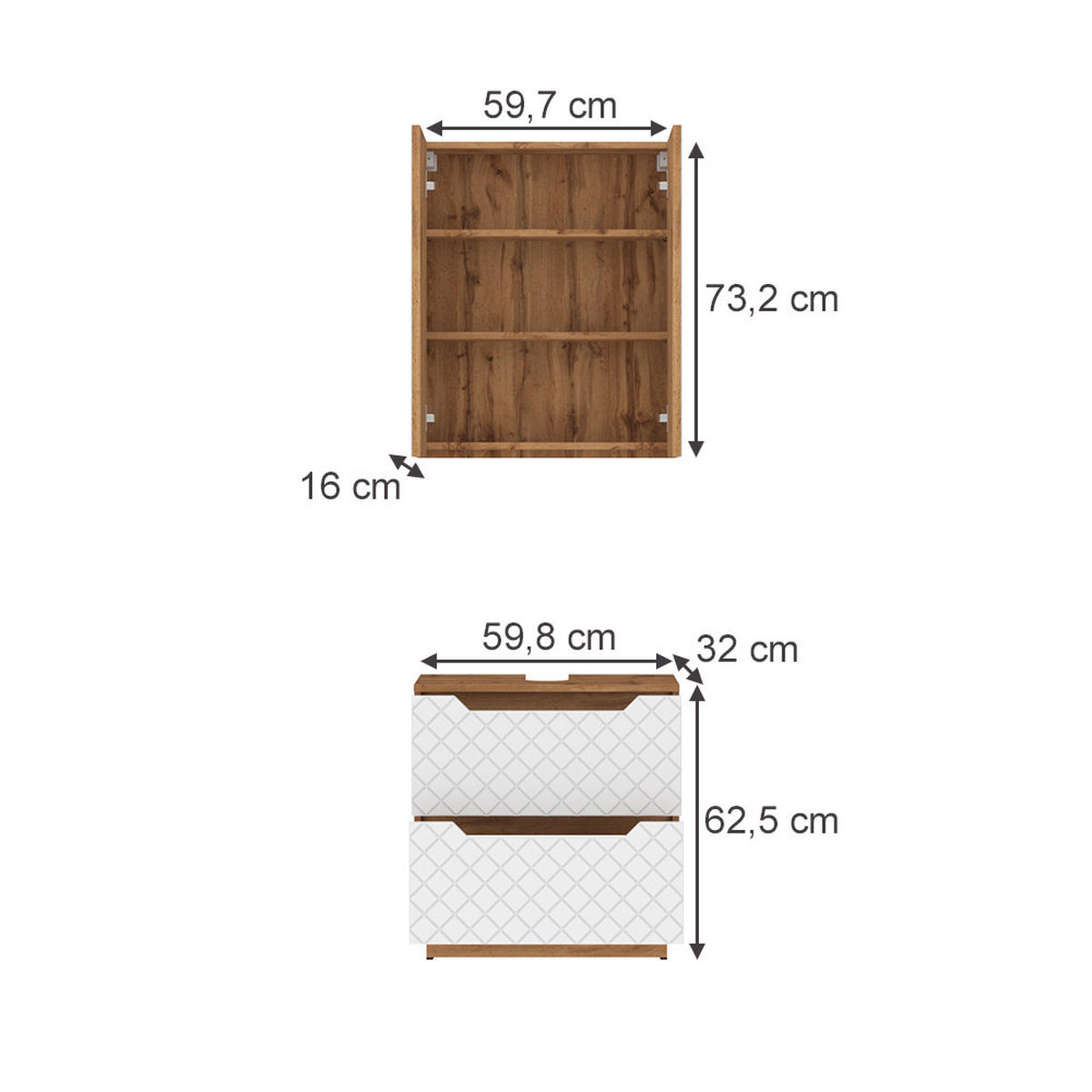 BADMÖBEL-SET Lotta Eiche/Weiß mit Kachelstruktur 2 Teile - Weiß, Holzwerkstoff (59.8/62.5/32cm) - Vicco