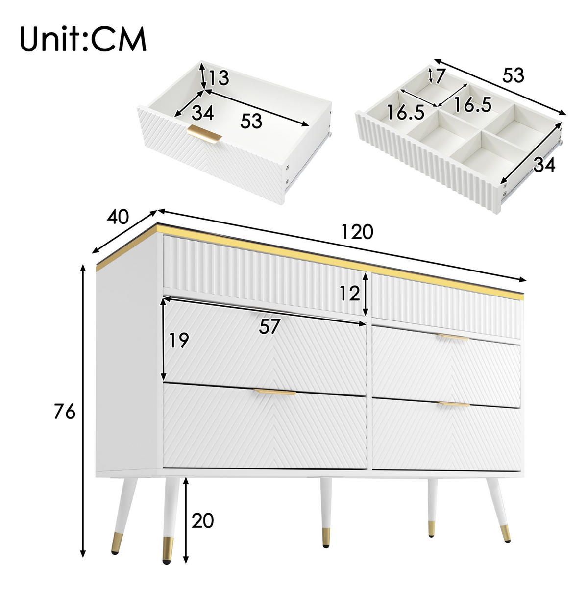KOMMODE mit 6 Schubladen, braune Glasoberfläche und weißer Korpus, Metallgriffe, 120x40x76 cm, Weiß - Weiß, Holzwerkstoff (40/76/120cm) - Modfu