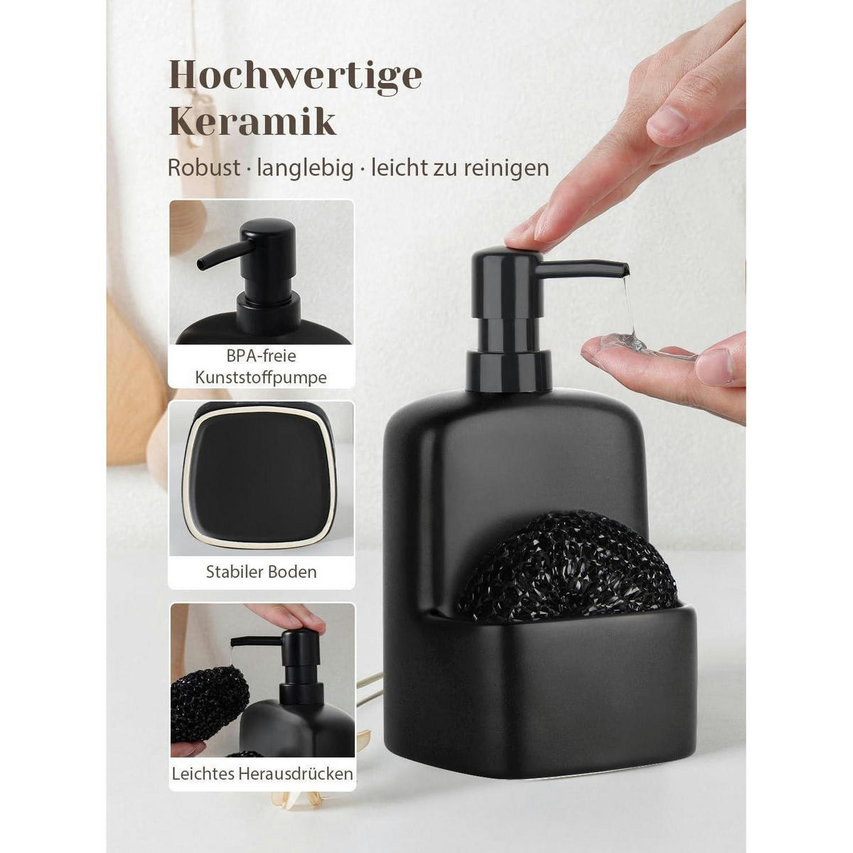 SEIFENSPENDER mit Schwammhalter Keramik Matt Schwarz 600ml - Schwarz, Keramik (10.5/20/9.5cm)