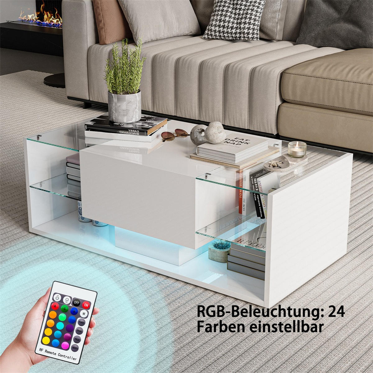 COUCHTISCH mit RGB-LED-Beleuchtung und Glasablagen - Hochglanz - Wohnzimmertisch rechteckig - Weiß - Weiß, Holzwerkstoff (100/50/35cm) - DELFA
