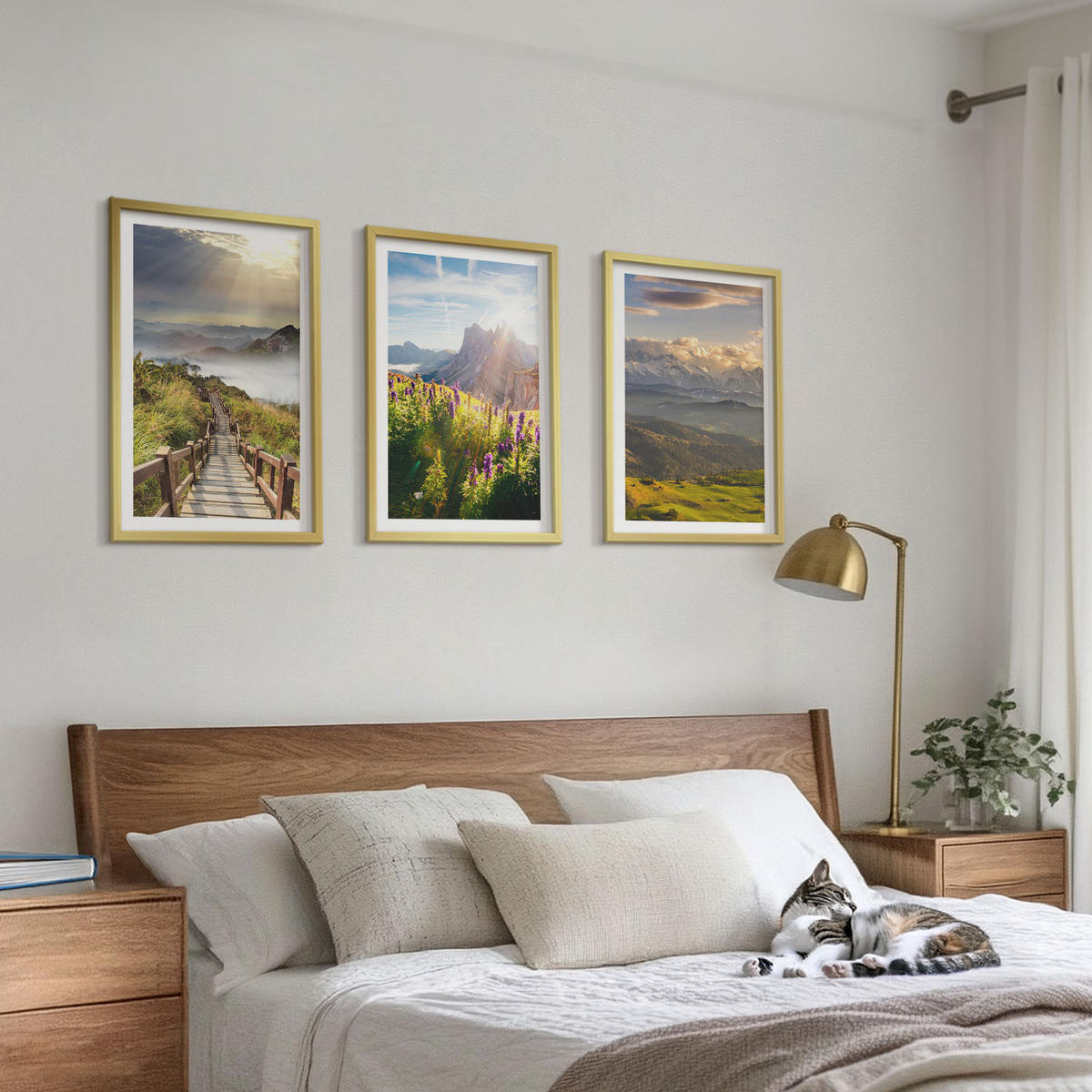 BILDER SET 3er Set - 40x60 cm Goldrahmen - Berglandschaft mit Blumen - Goldfarben, Kunststoff (40/60cm) - TULUP