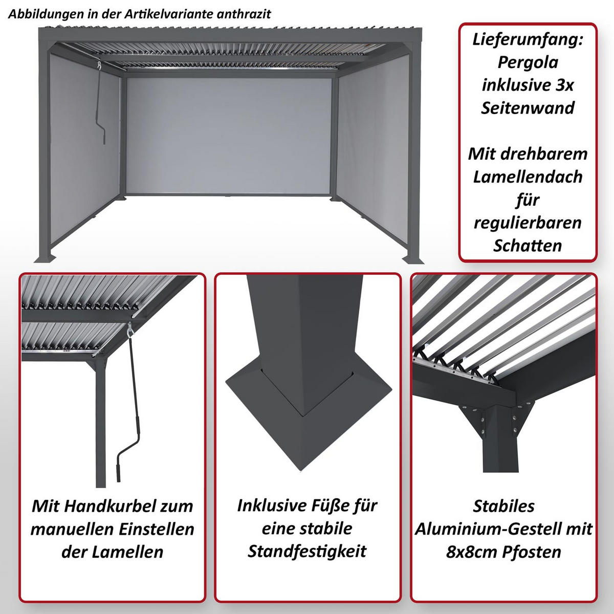 ALU PERGOLA MIT SEITENWAND Anthrazit - Anthrazit, Metall (368/224/306cm) - MCW