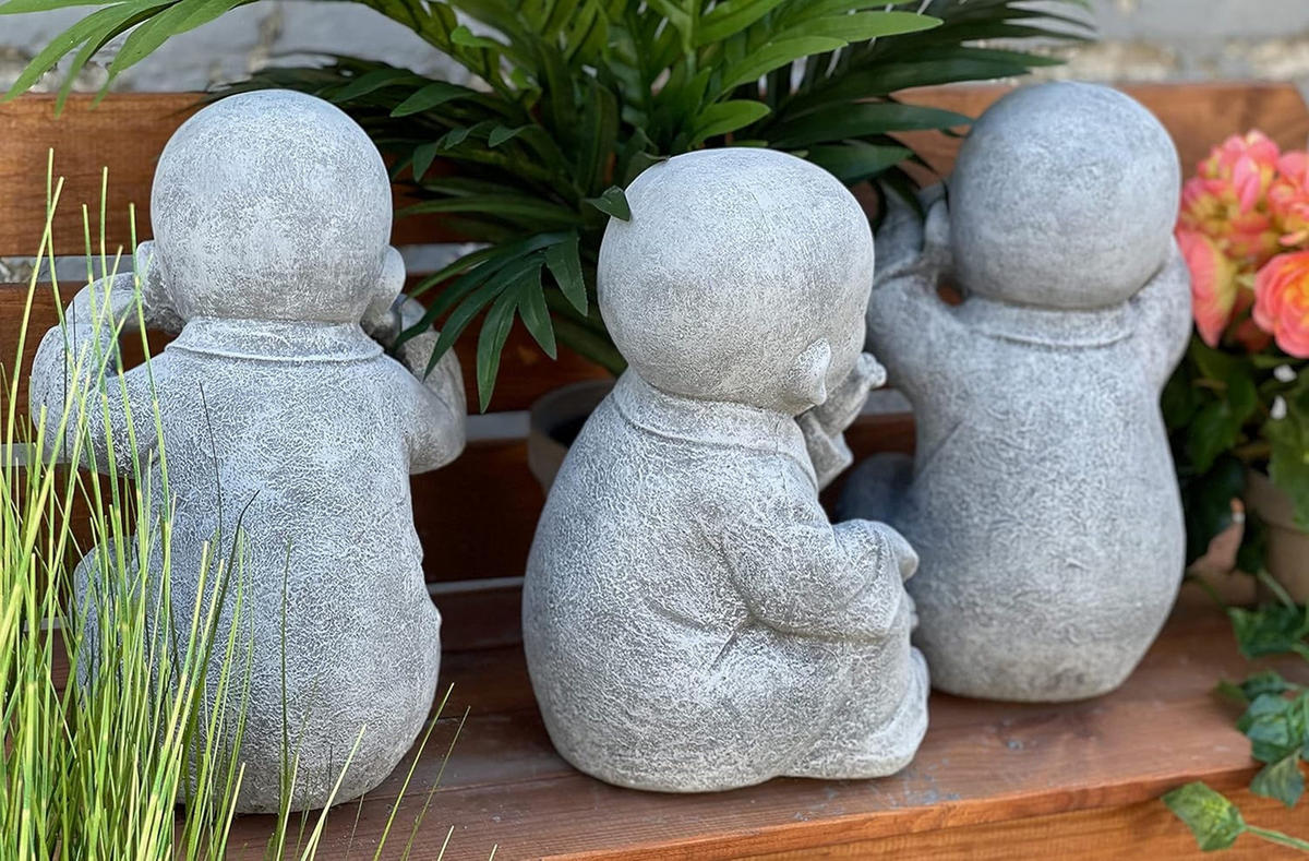 STEINFIGUR 3er große Buddha Shaolin Mönche nichts sehen sagen hören - Grau, Stein (14/26/17cm) - stoneandstyle