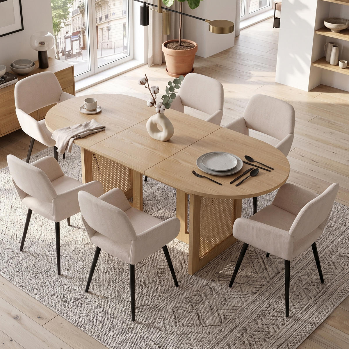 ESSGRUPPE 1+6 Ausziehbarer Tisch Eiche 150-200cm & 6 Armlehnstühle Beige - Eichefarben, Holzwerkstoff (200/75/90cm) - Urban Meuble