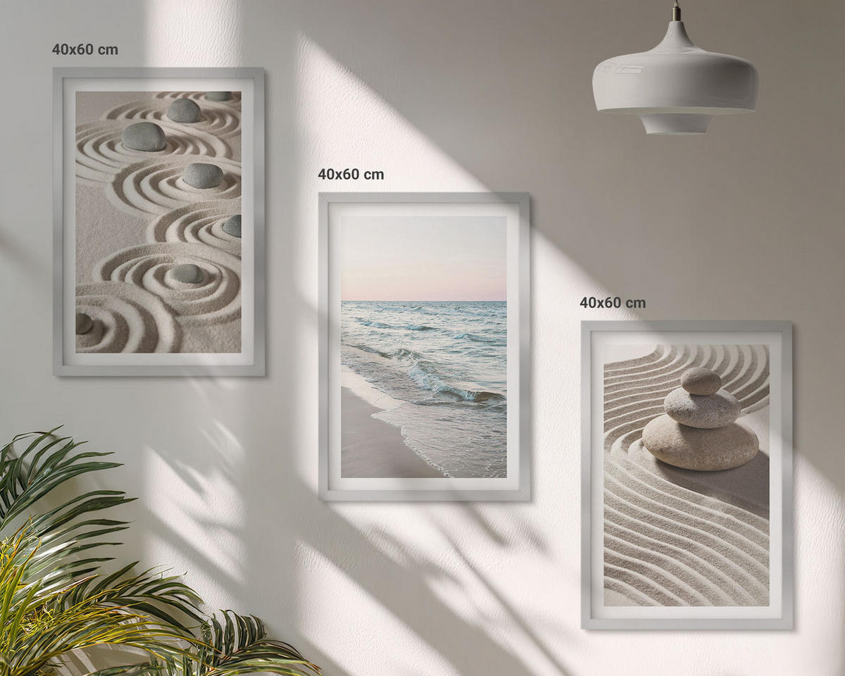 BILDER SET 3er Set - 40x60 cm Silberner Rahmen - Wellen, Sand, Wasser, Steine, Strand - Silberfarben, Kunststoff (40/60cm) - TULUP
