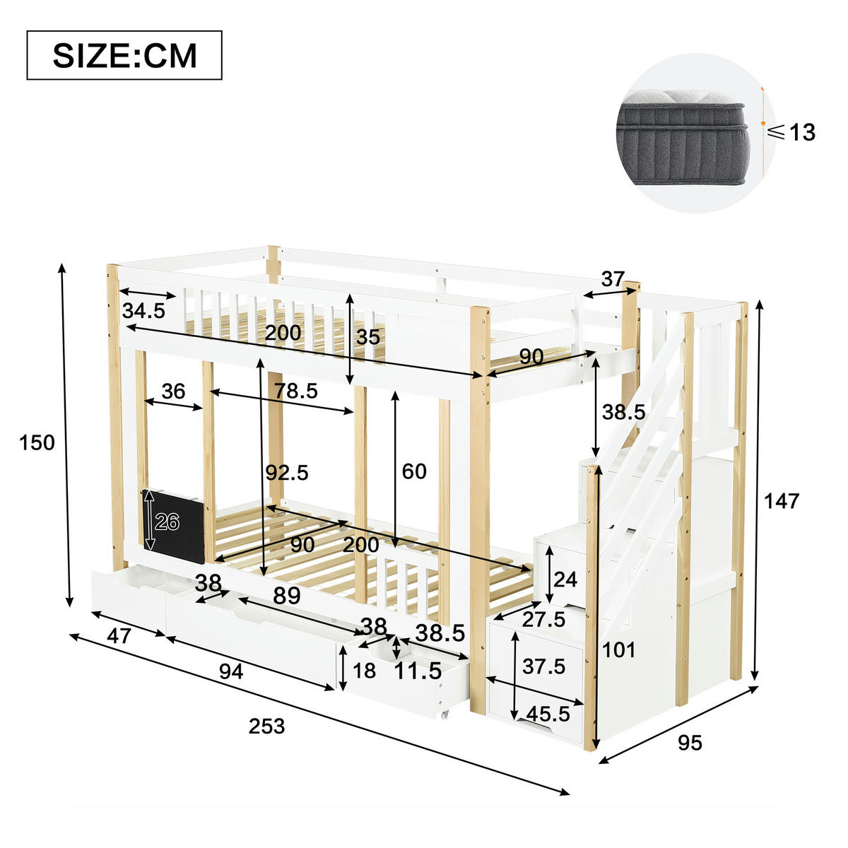 ETAGENBETT Kinderbett Weiß+Natur 90x200cm - Naturfarben, Holz (90/200cm) - ComfortXL