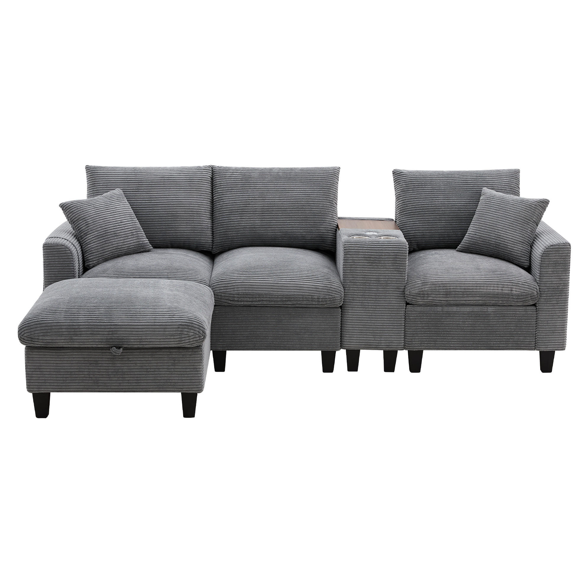 WOHNLANDSCHAFT aus Cord 229x149,5x83 cm Grau mit USB-Anschlüssen, Mittelkonsole, Becherhaltern und Stauraumhocker - Grau, Textil (149.5/229cm) - Modfu