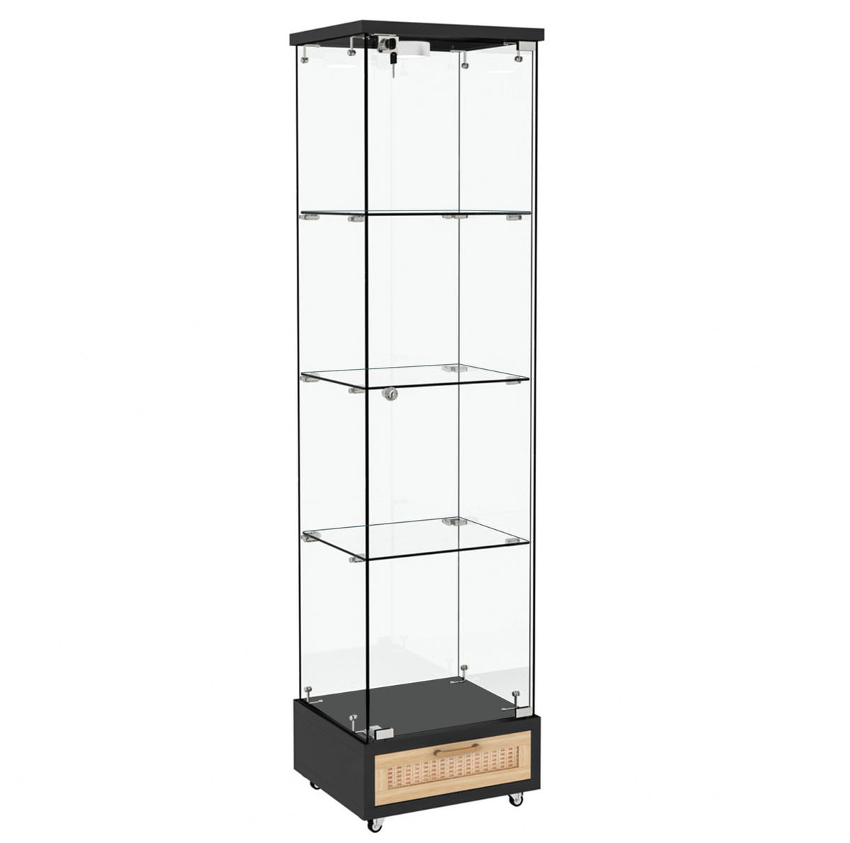 VITRINE 36,5/42,5/167 cm schwarz aus MDF und Glas mit LED und Rollen - Schwarz, Holzwerkstoff (42.5/167/36.5cm) - OKWISH