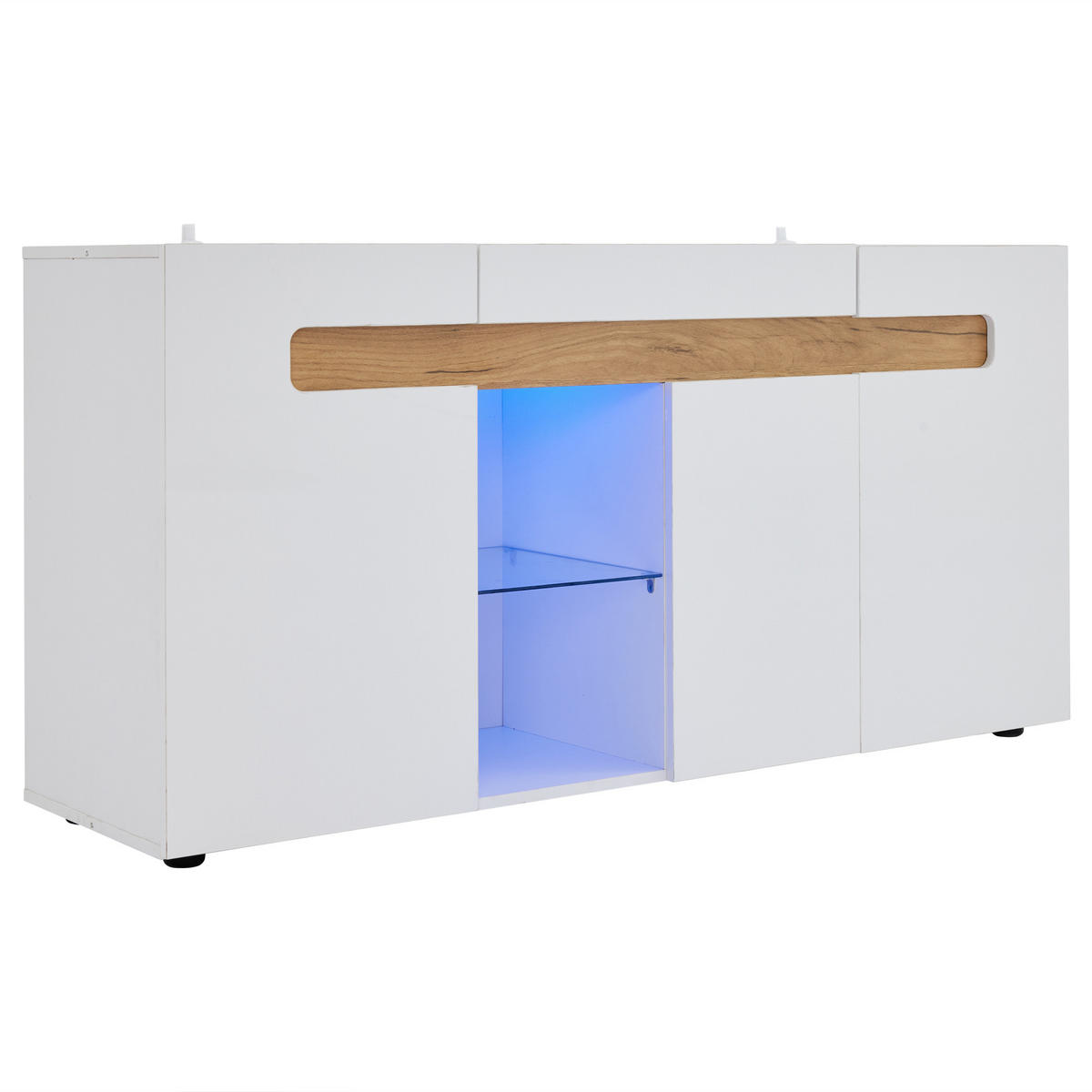 SIDEBOARD Weiß & Holzoptik, mit LED-Beleuchtung, 2 Türen, offenem Mittelfach und Glasablage, 140/40/70 cm - Weiß, Glas/Holzwerkstoff (140/70/40cm) - WISHDOR