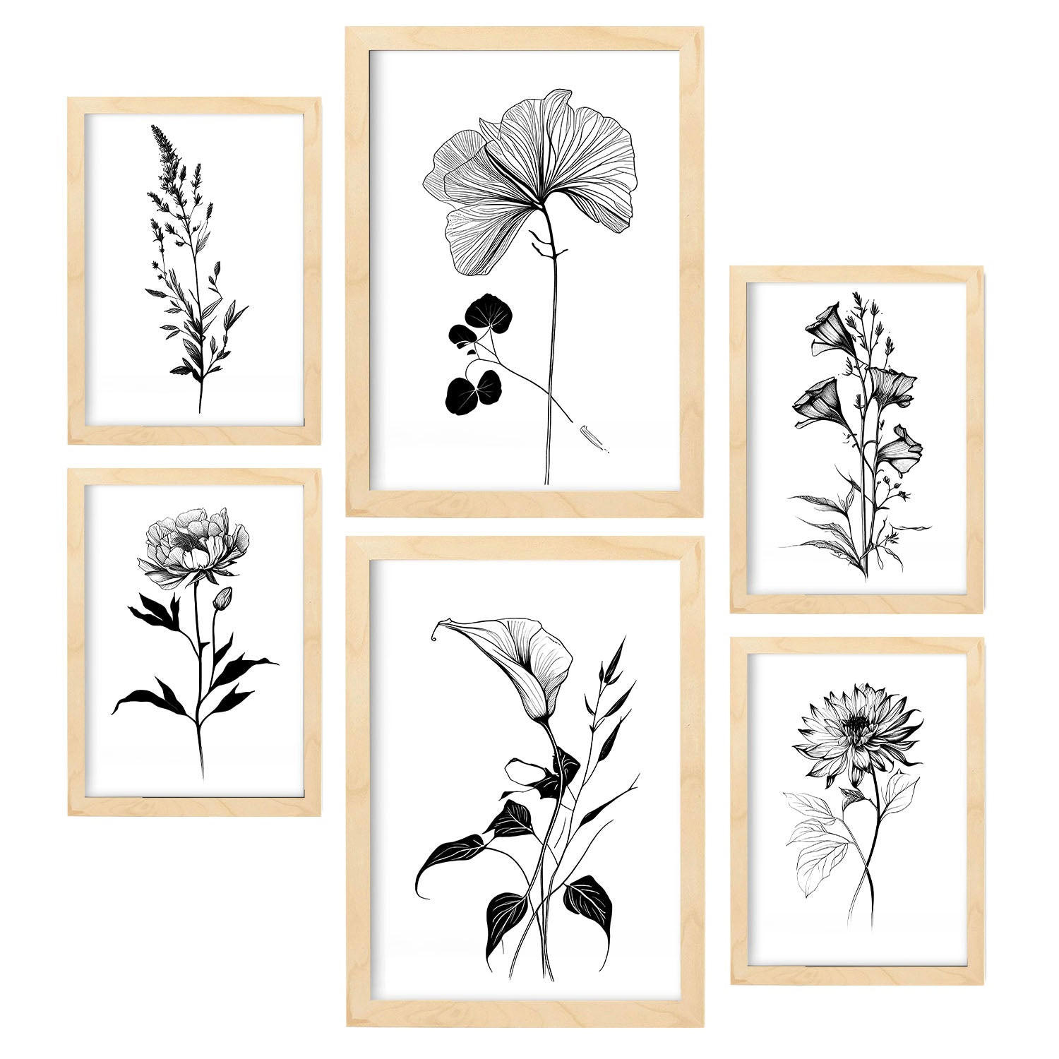 POSTER Set Mit 6 Belaubte Blumen Natur Und Botanikdrucke Mit Blumenmotiven In Klassischem Schwarz Und Weiß A3 & A4 Rahmen Aus Hellem Holz - Beige, Papier (29/3cm) - Nacnic