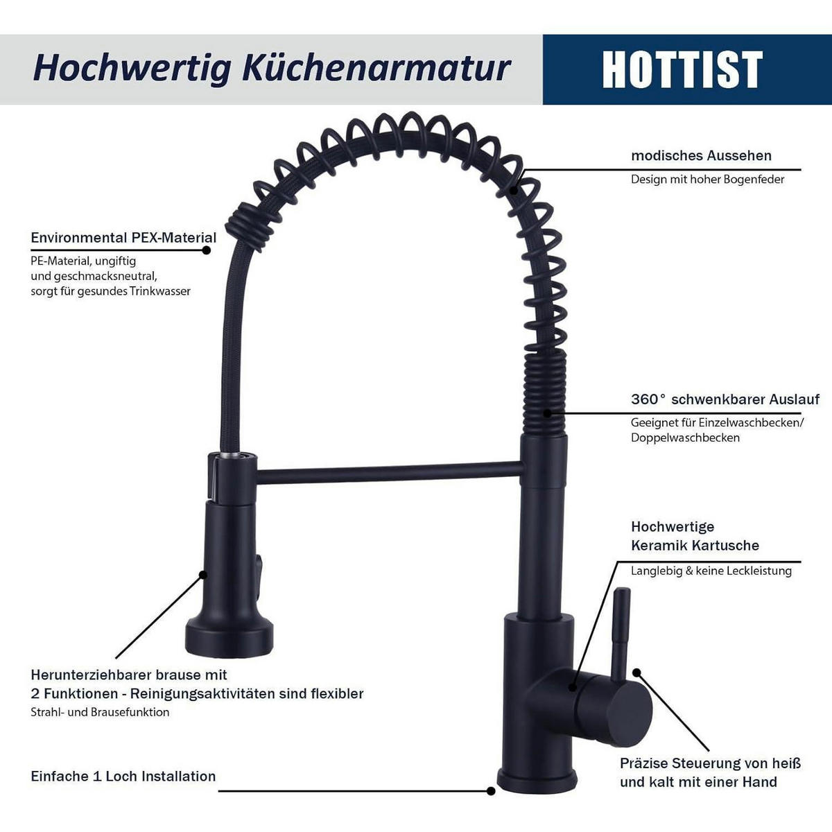 KÜCHENARMATUR Schwarz mit Brause Ausziehbar 360° Drehbar 2 Sprühfunktionen - Schwarz, Metall (20/4/30cm)