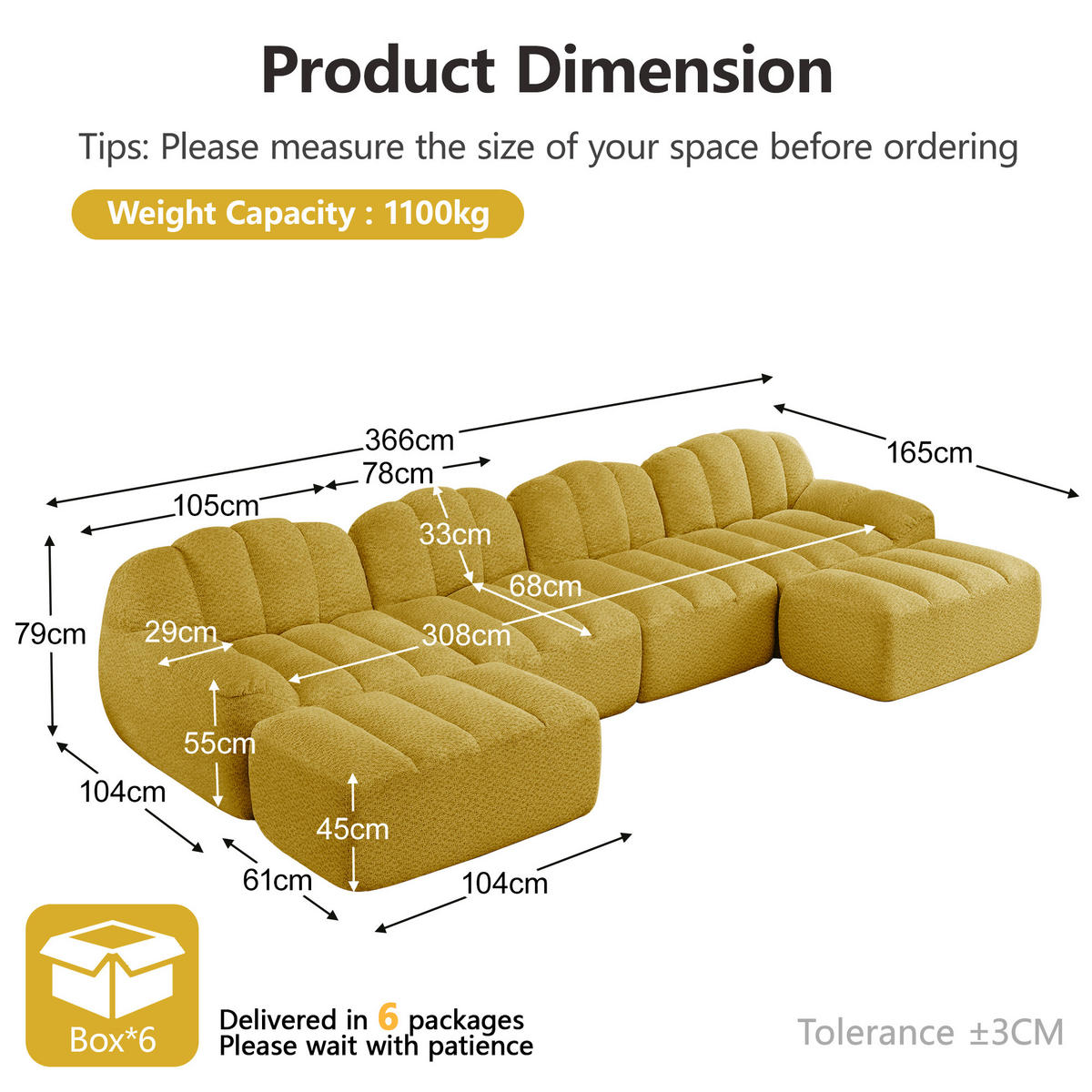 4-SITZER Sofa 366x165x79 cm aus granuliertem Fleece rahmenlos modular mit 2 Ottomans, gelb - Gelb, Textil (165/79/366cm) - Luhomfu