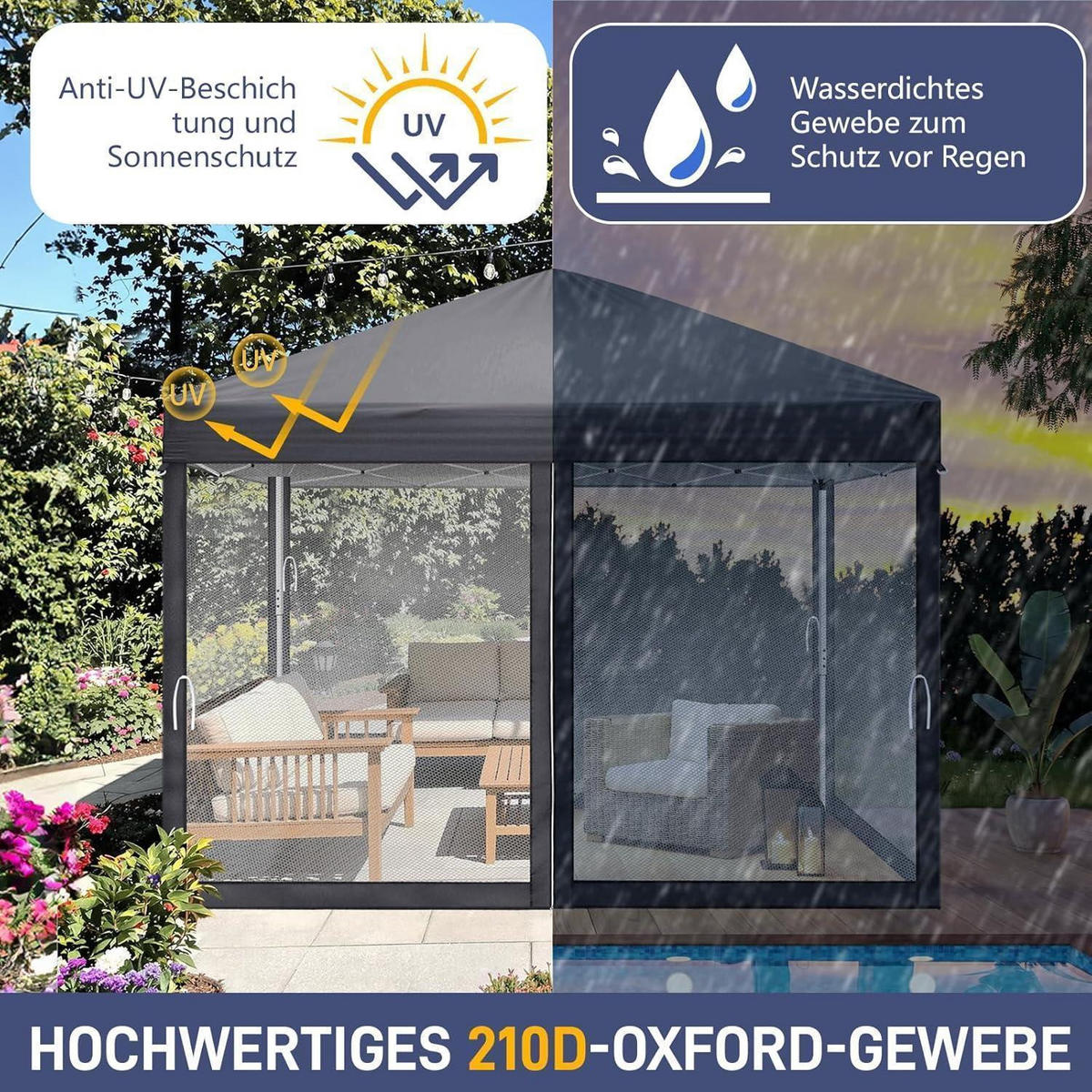 FALTPAVILLON 3 x 3 m Anthrazit mit Moskitonetzen - Anthrazit, Textil (300/245/300cm)