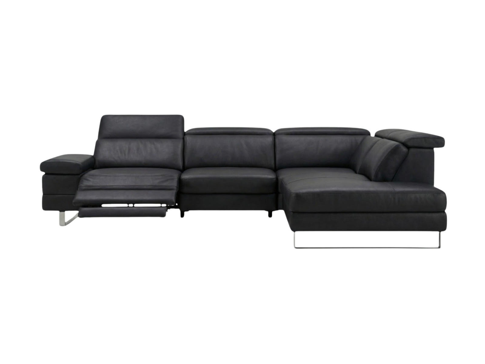 ECKSOFA Virage Echtleder mit 1 x Relaxfunktion Schwarz - Schwarz, Leder/Metall (232/263cm)