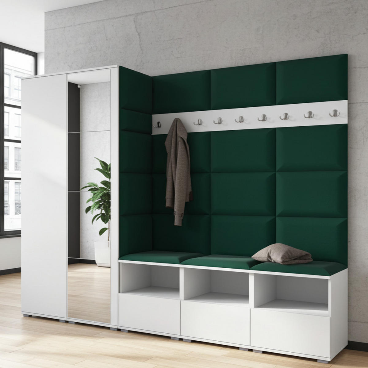 GARDEROBE NELA VII 250 cm (Modulare Flurmöbel XL Weiß mit Spiegel & Sitzpolster Flaschengrün 28 Universell) - Dunkelgrün/Silberfarben, Holz/Holzwerkstoff (250/187/40cm) - Ravio