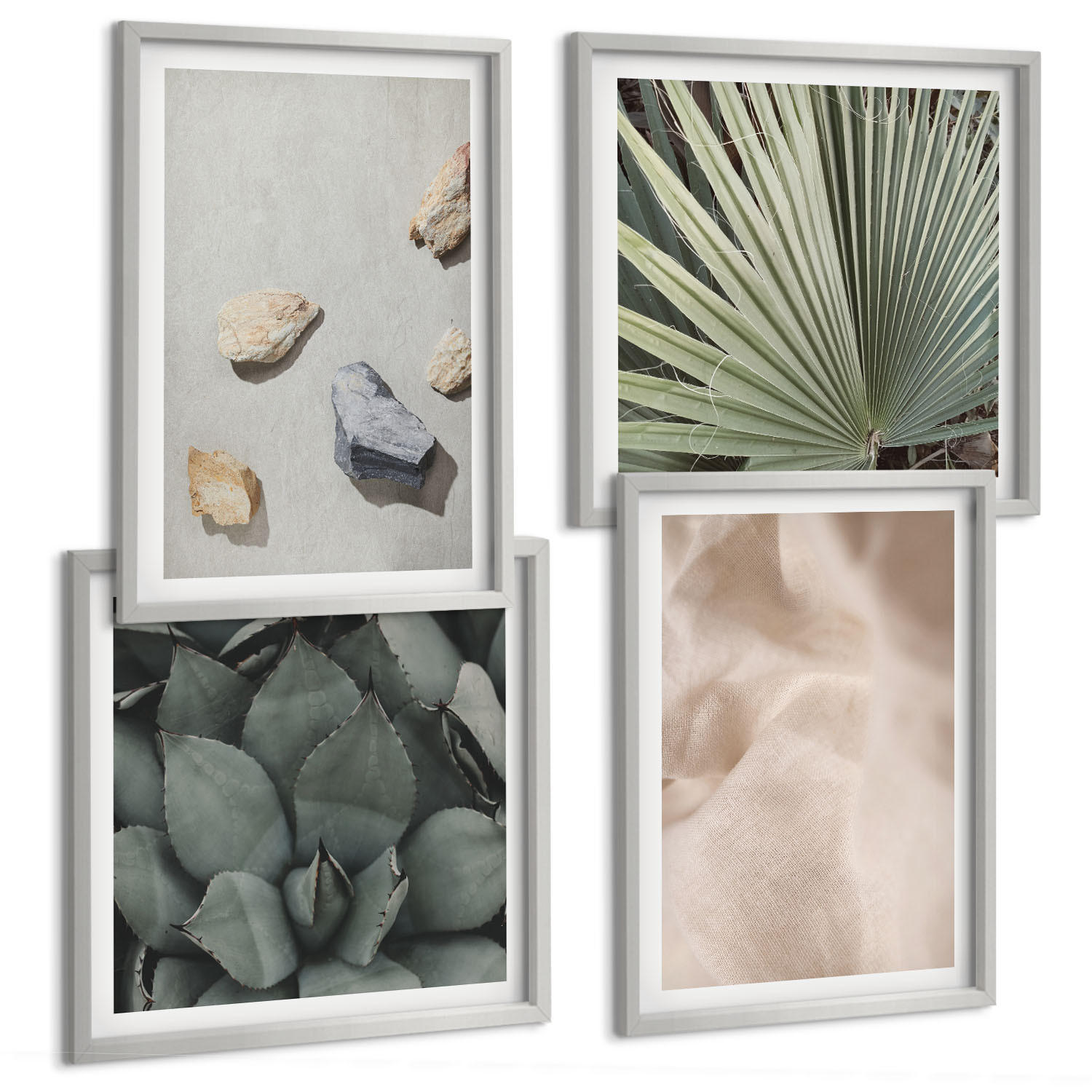 BILDER SET 4er Set - 50x50 cm & 40x60 cm Silberner Rahmen - Steine, Holz, Stofftexturen - Silberfarben, Kunststoff (50/50cm) - TULUP