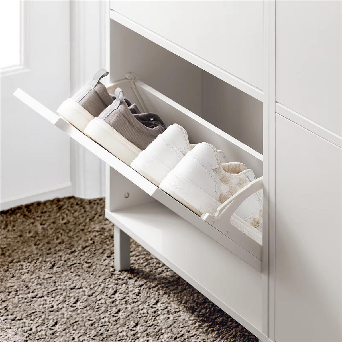 SCHUHKIPPER 3 Klappen Schmal Weiß Schuhschrank - Weiß, Holz (50/129/19cm) - Kaket