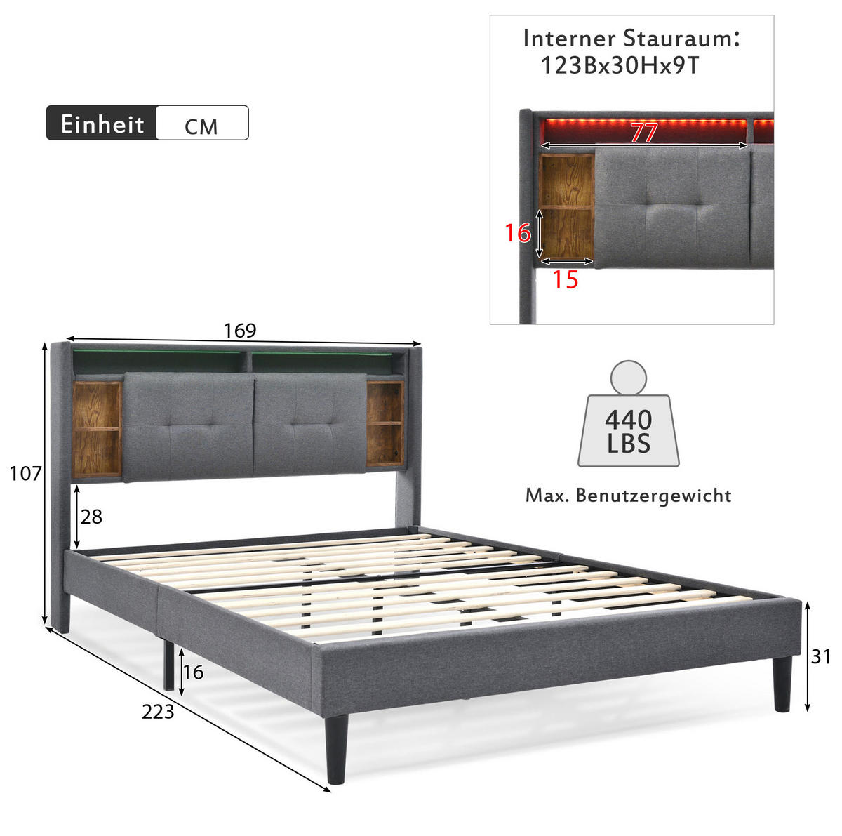 POLSTERBETT aus Massivholz 160x200 cm in Grau mit Matratze & LED - Grau, Holz (160/200cm) - Modfu