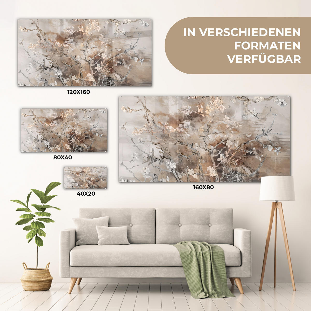 ACRYLGLASBILD Mandelblüte - Kunst - Van Gogh - Beige - Abstrakt 120x60 cm - Braun, Glas (120/60cm) - MuchoWow
