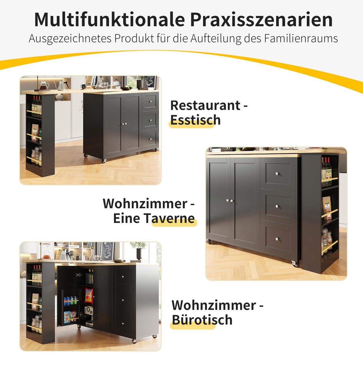 KÜCHENINSEL 203/39/106 cm schwarz mit 360°-Drehfunktion und Rollen - Schwarz, Holzwerkstoff (203/106/39cm) - OKWISH