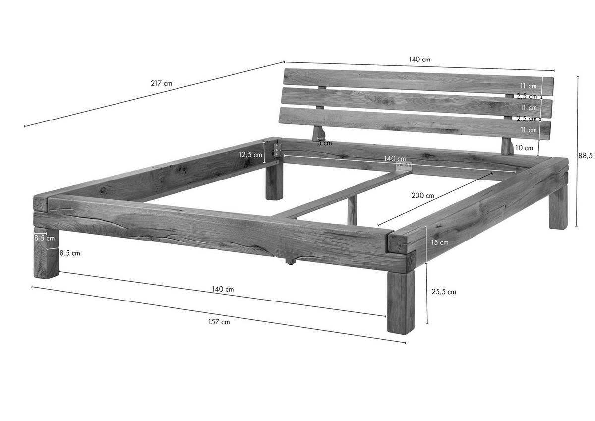 BETT Massivholz Wildeiche 140 x 200 x 85 natur BALKENMÖBEL #401 - Braun, Holz (140/200cm) - Massivmoebel24