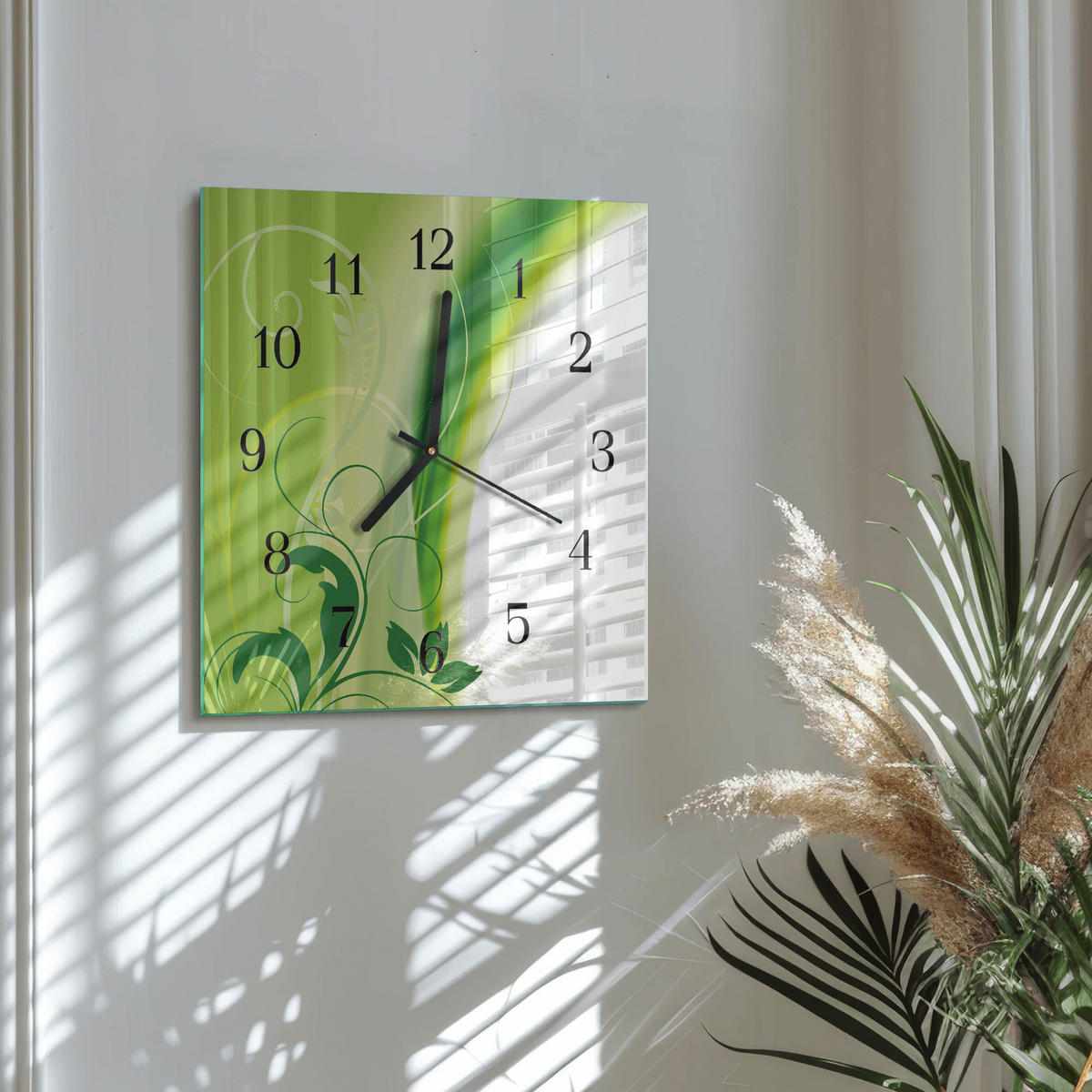 WANDUHR 30x30 cm - Blumenmuster - Grün, Glas (30/30/0.4cm) - TULUP