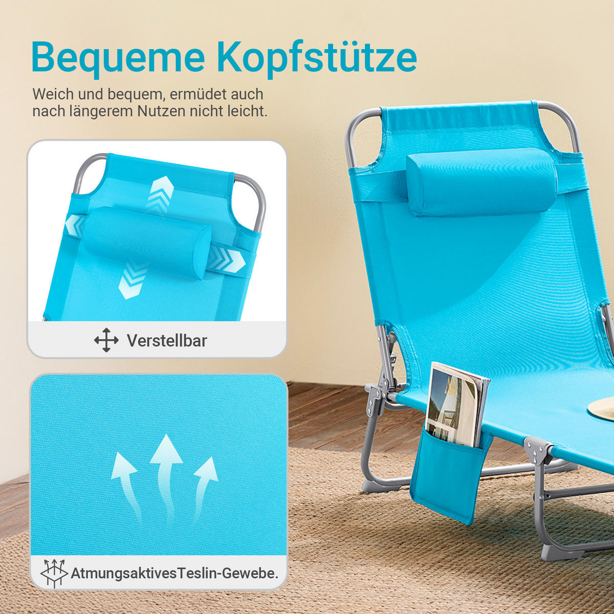 SONNENLIEGE Blau - Blau, Textil/Metall (195/58/63cm) - SoBuy