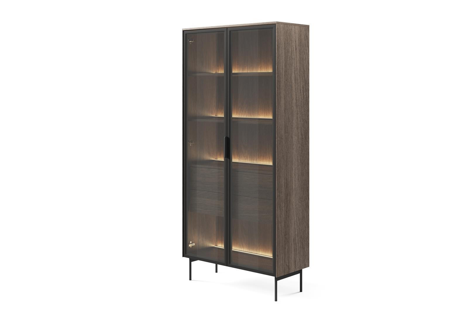 VITRINE Ilumi Eiche Dunin, Zweitürige Hochvitrine - Eichefarben/Schwarz, Holzwerkstoff/Metall (92/195/39cm) - Bettso
