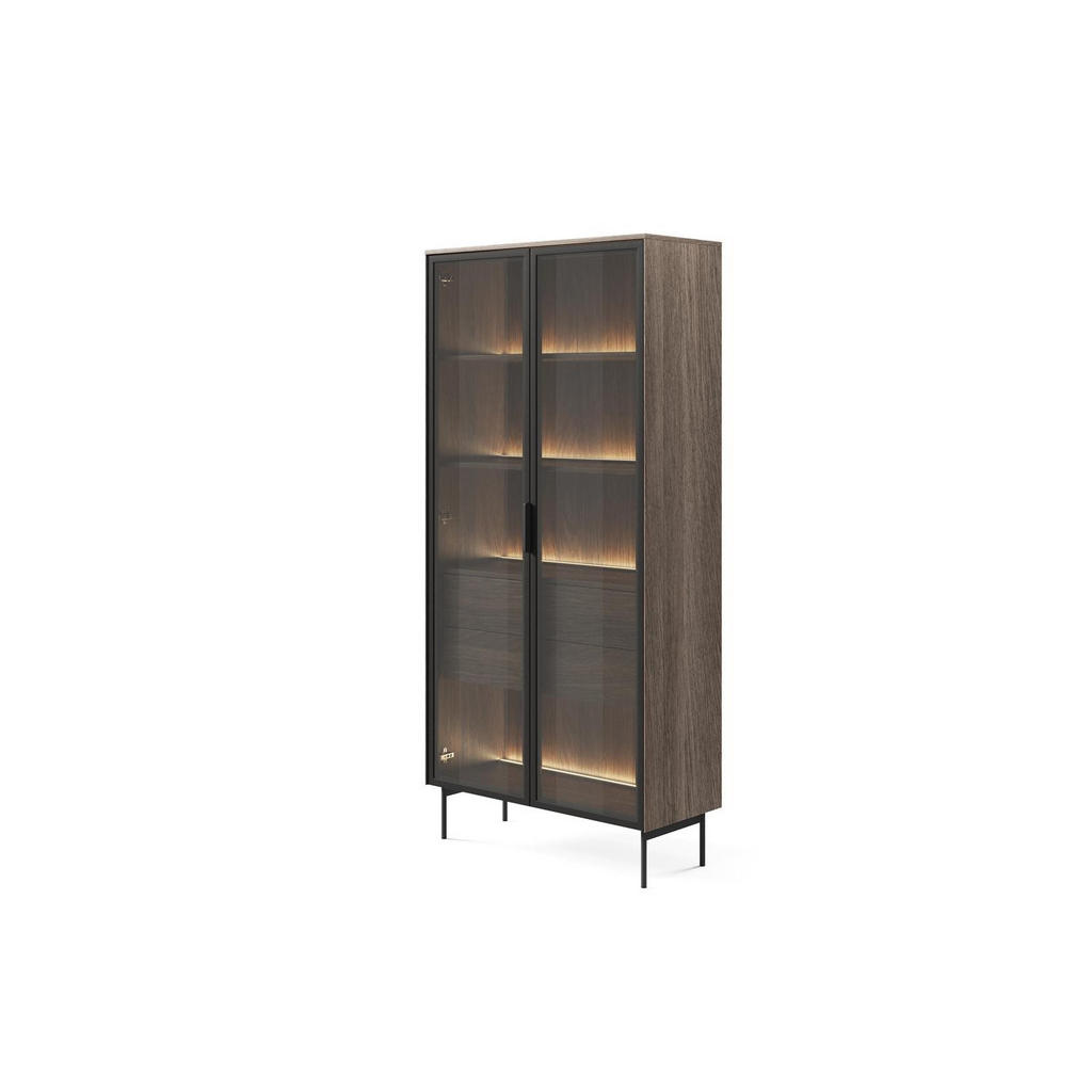 Thumbnail - Bettso Vitrine, Eiche, Schwarz, Holzwerkstoff, 2 Schubladen, 92x195x39 cm, Wohnzimmer, Wohnwände, Vitrinenschränke