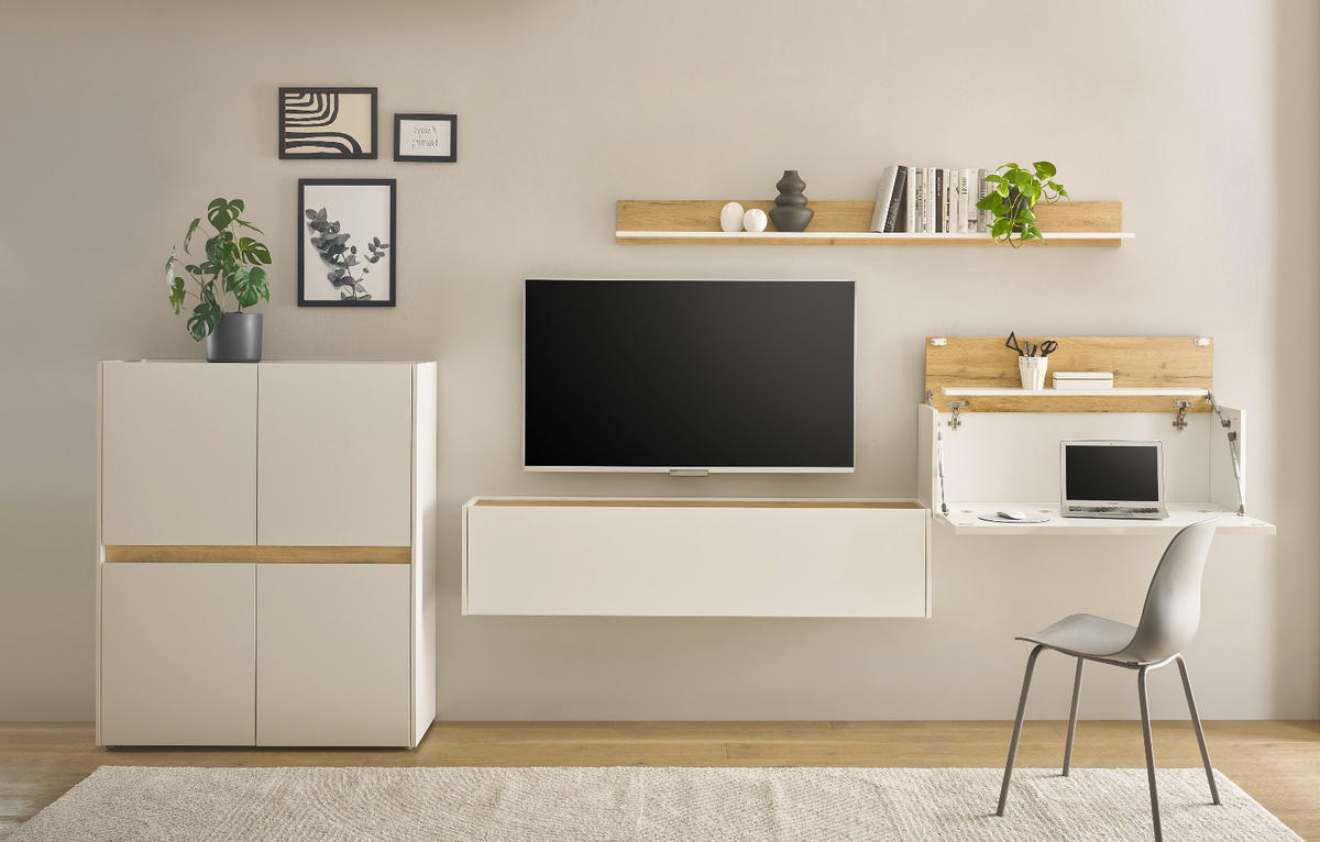 WOHNWAND weiß, Eiche Wotan 4-teilig 370 cm, Komplettset mit Sekretär - Eiche Wotan/Schwarz, Holz/Holzwerkstoff (370/170/40cm) - Furn.Design