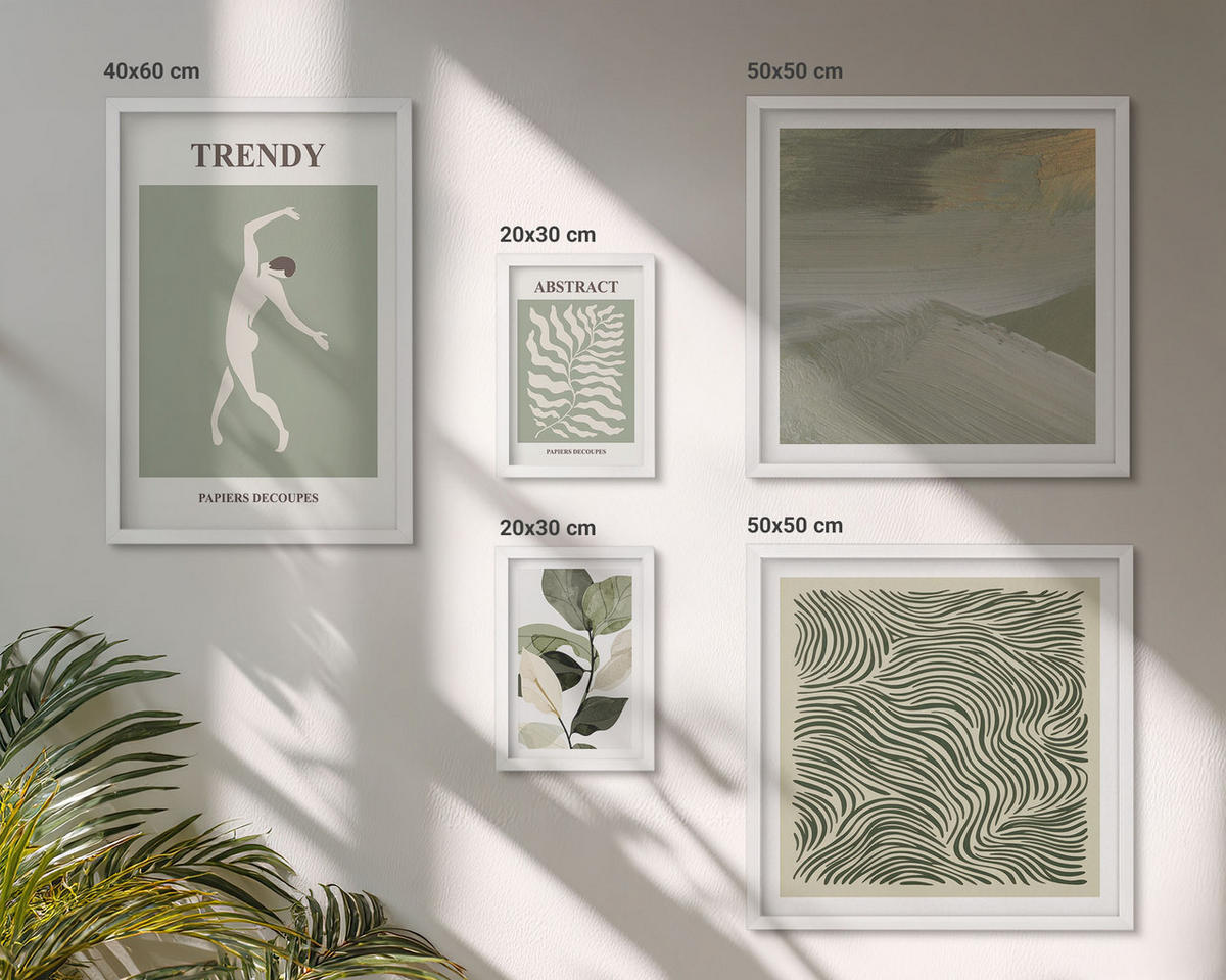 WANDBILDER 5er-Set - 50x50 cm & 20x30 cm & 40x60 cm Weißer Rahmen - Abstrakte Pflanzenmuster - Weiß, Kunststoff (40/60cm) - ArtPrintCave