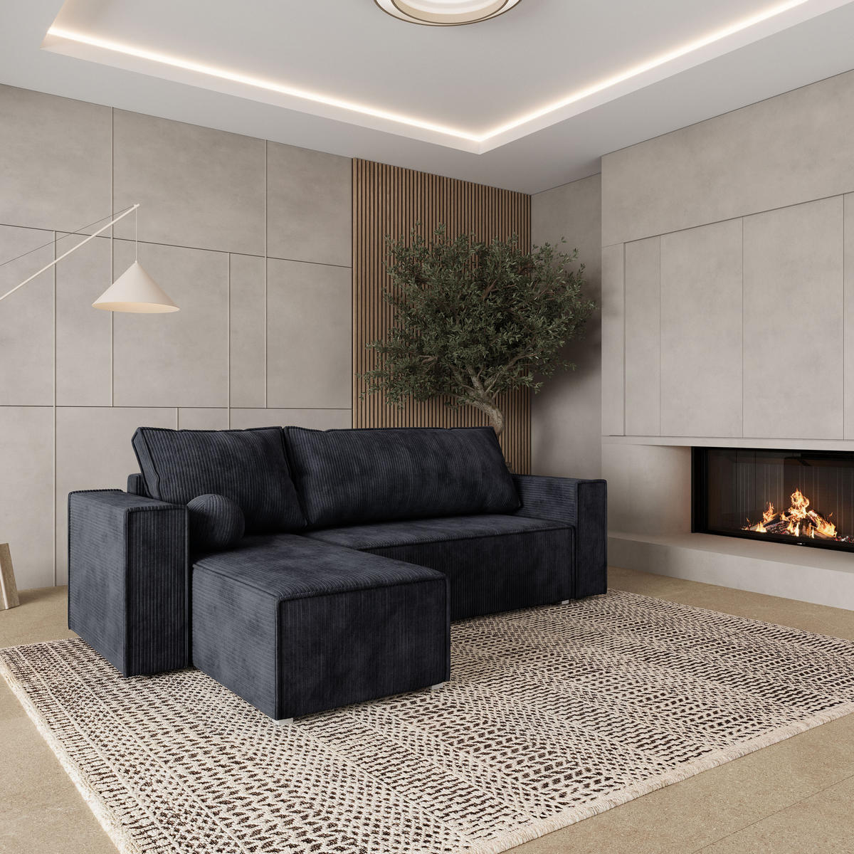 ROHOVÁ SEDAČKA RAVELO černá - šedá/černá, dřevo/textil (240/140cm) - MASSENO