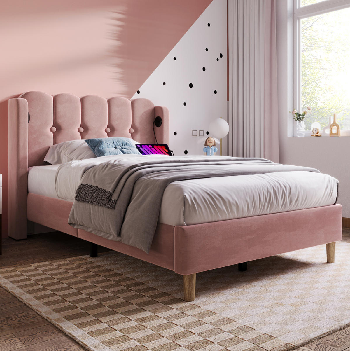POLSTERBETT mit USB-C-Anschluss 90x200 cm Samt Rosa - Pink, Metall (90/200cm) - Beauniv