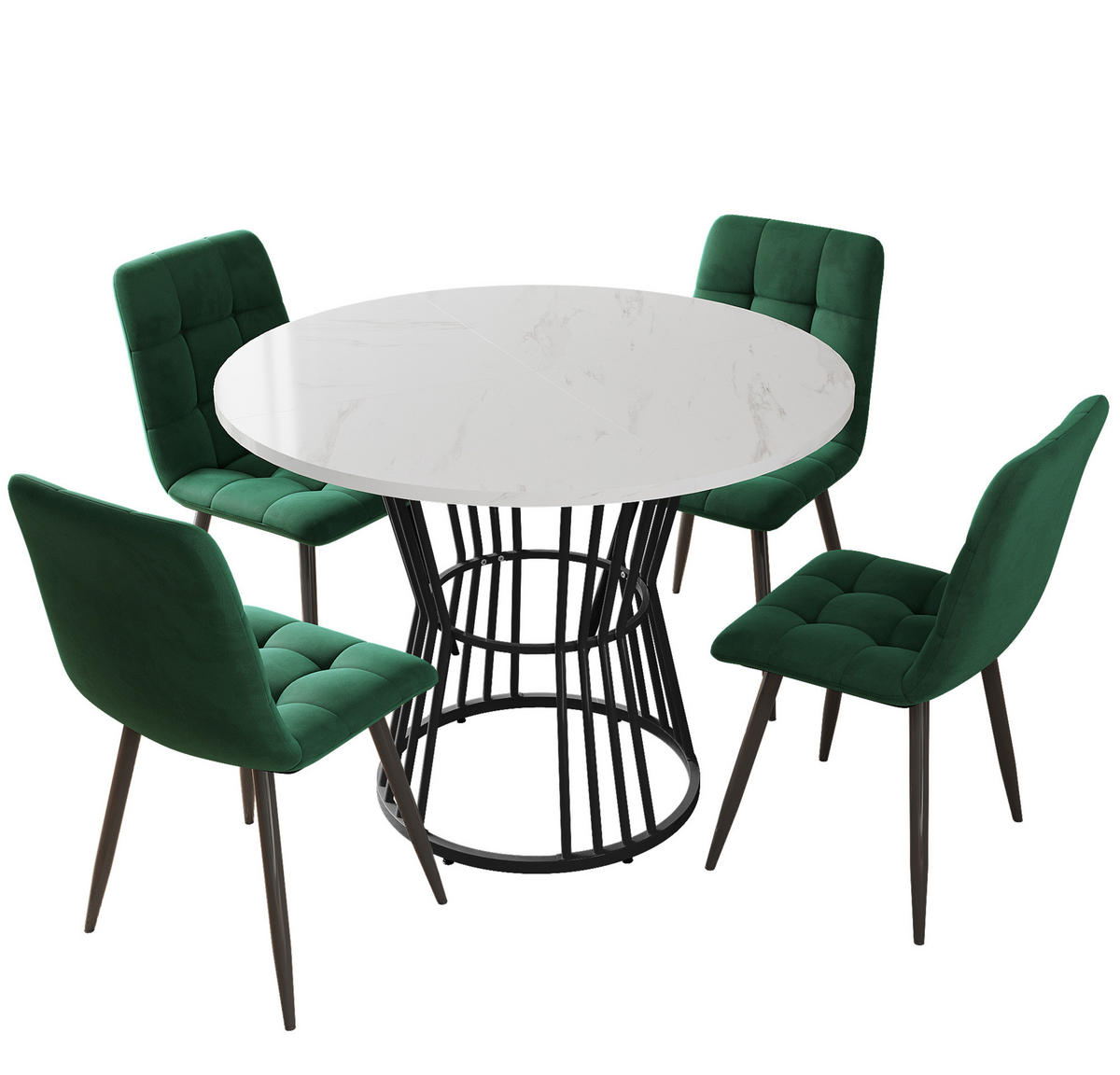 ESSTISCHSET 5-Teilig Mit 4 Stühlen, Rund 100 Cm, Weiß, Grün Samt - Grün, Holzwerkstoff (100/75/100cm) - FLIEKS