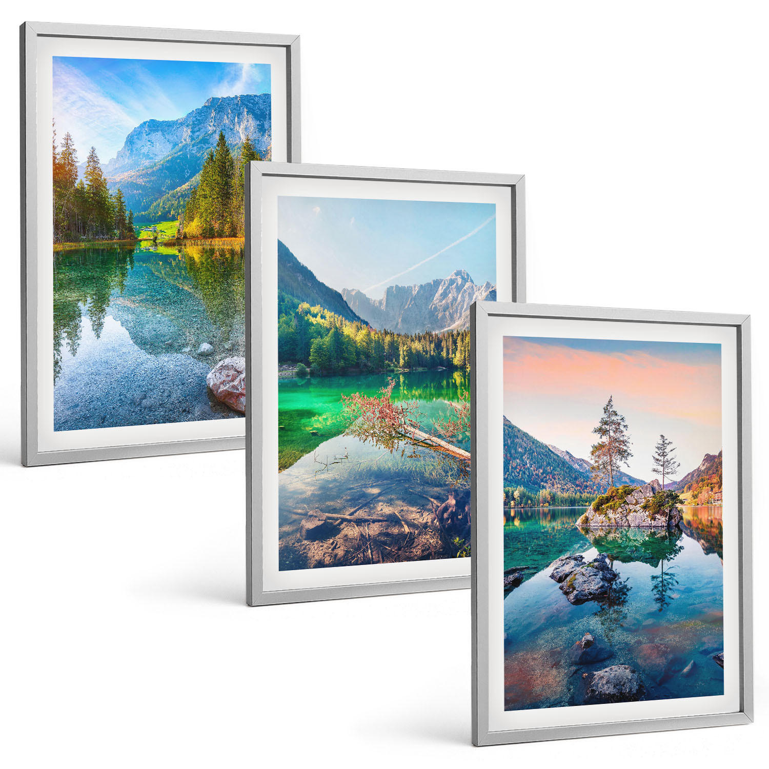BILDER SET 3er Set - 40x60 cm Silberner Rahmen - Naturlandschaft der Bergseen - Silberfarben, Kunststoff (40/60cm) - TULUP
