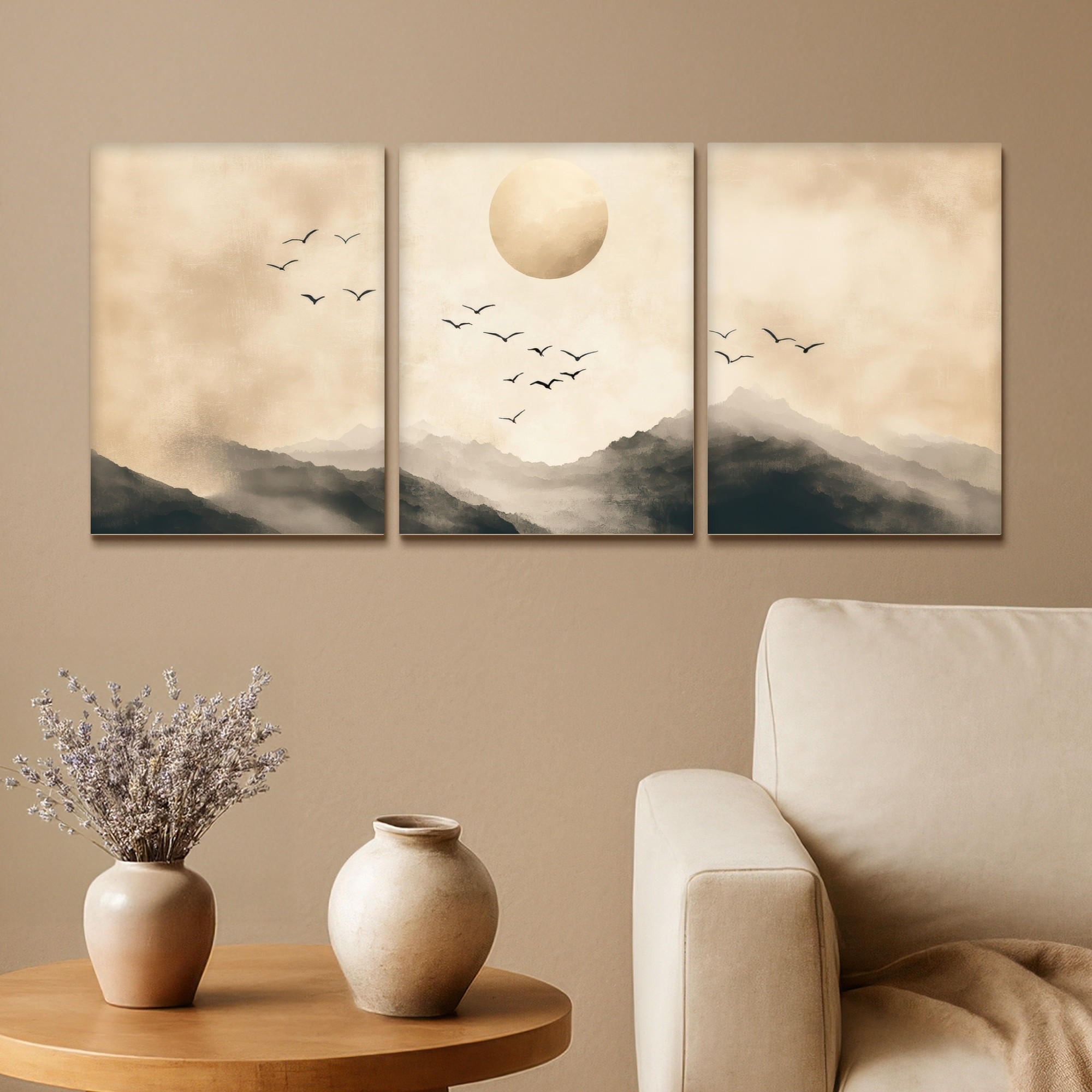 LEINWANDBILD 3er Set Landschaft - Japandi - Beige - Vögel 90x40 cm - Beige, Textil (90/40cm) - MuchoWow