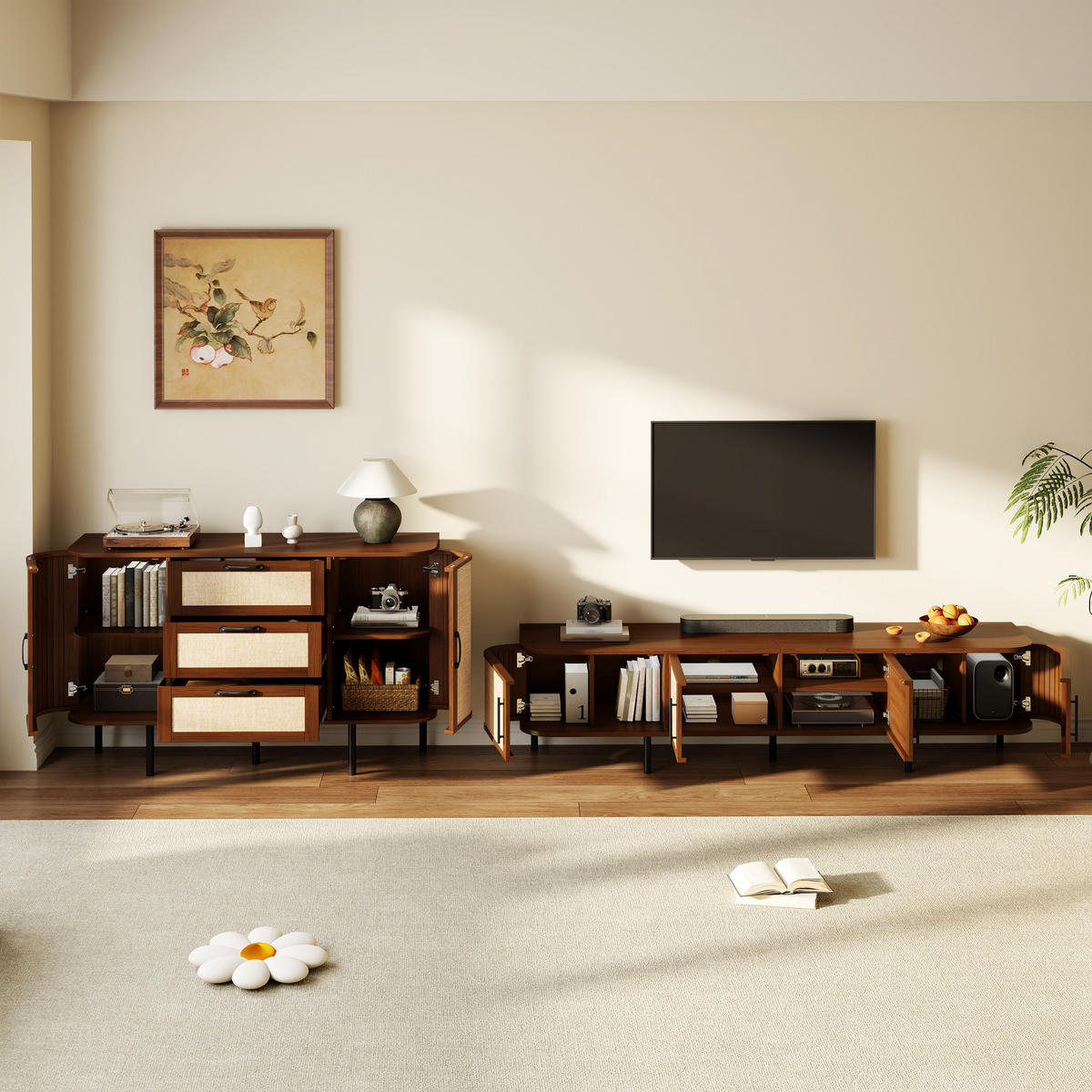 WOHNWAND DE-40152 2-teilig mit Geflechtfront Nussbaum - Walnussfarben, Holzwerkstoff (120/82/40cm) - ComfortXL