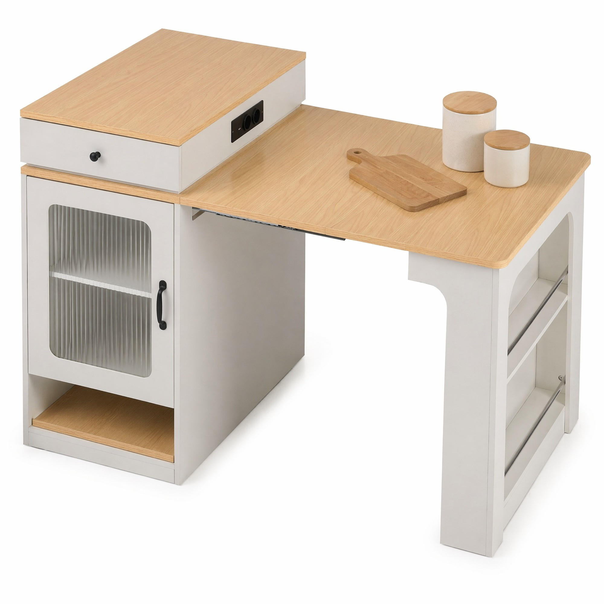 KÜCHENINSEL in Naturfarbe und Weiß Servierwagen mit ausziehbarer Tischplatte für Esszimmer und Küche, B71/T80/H92 cm - Naturfarben/Weiß, Glas/Holzwerkstoff (151/92/80cm) - STILVORA