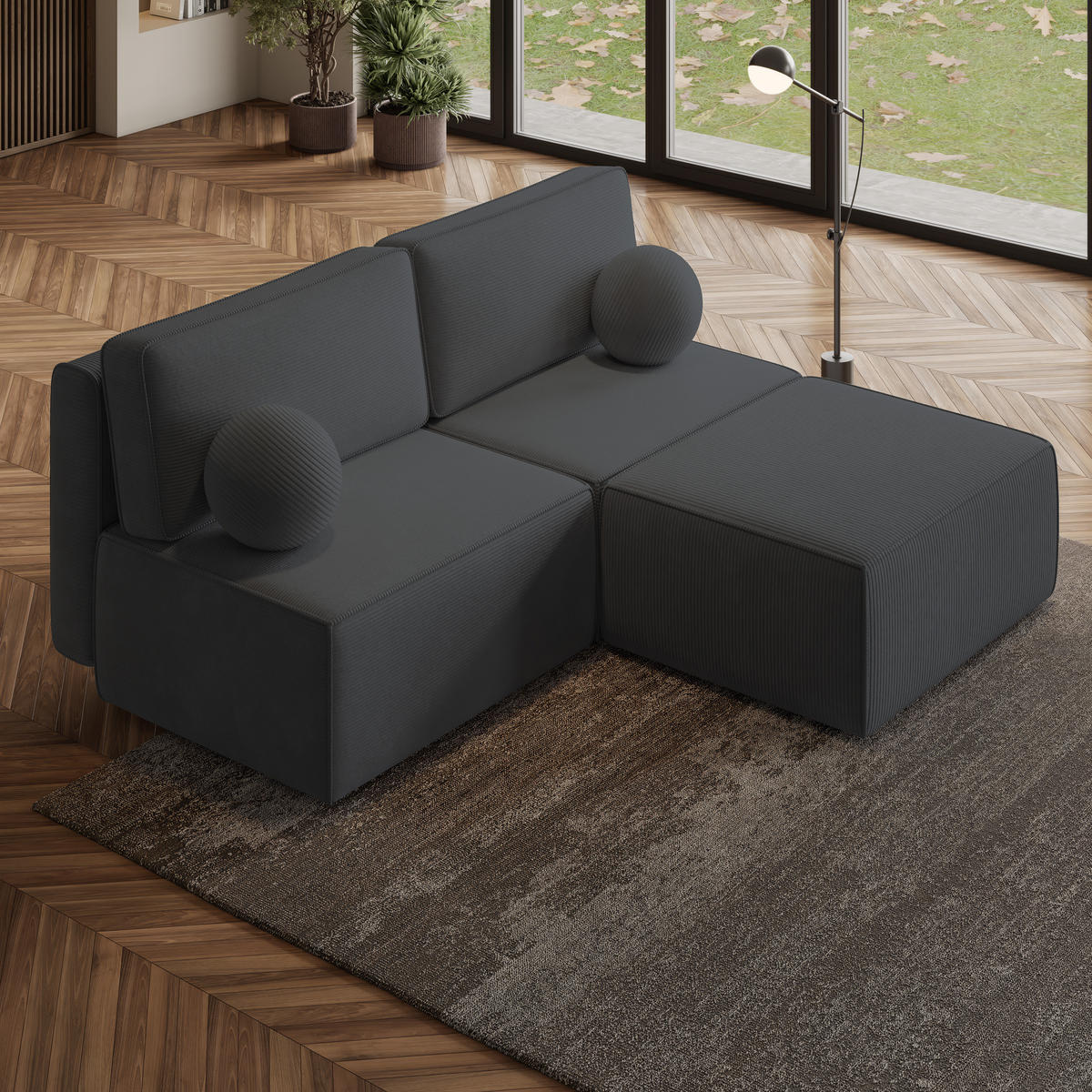 ECKSOFA VARNA P Graphitfarben Kordstoff mit Schlaffunktion - Graphitfarben, Holz (196/158cm) - MASSENO