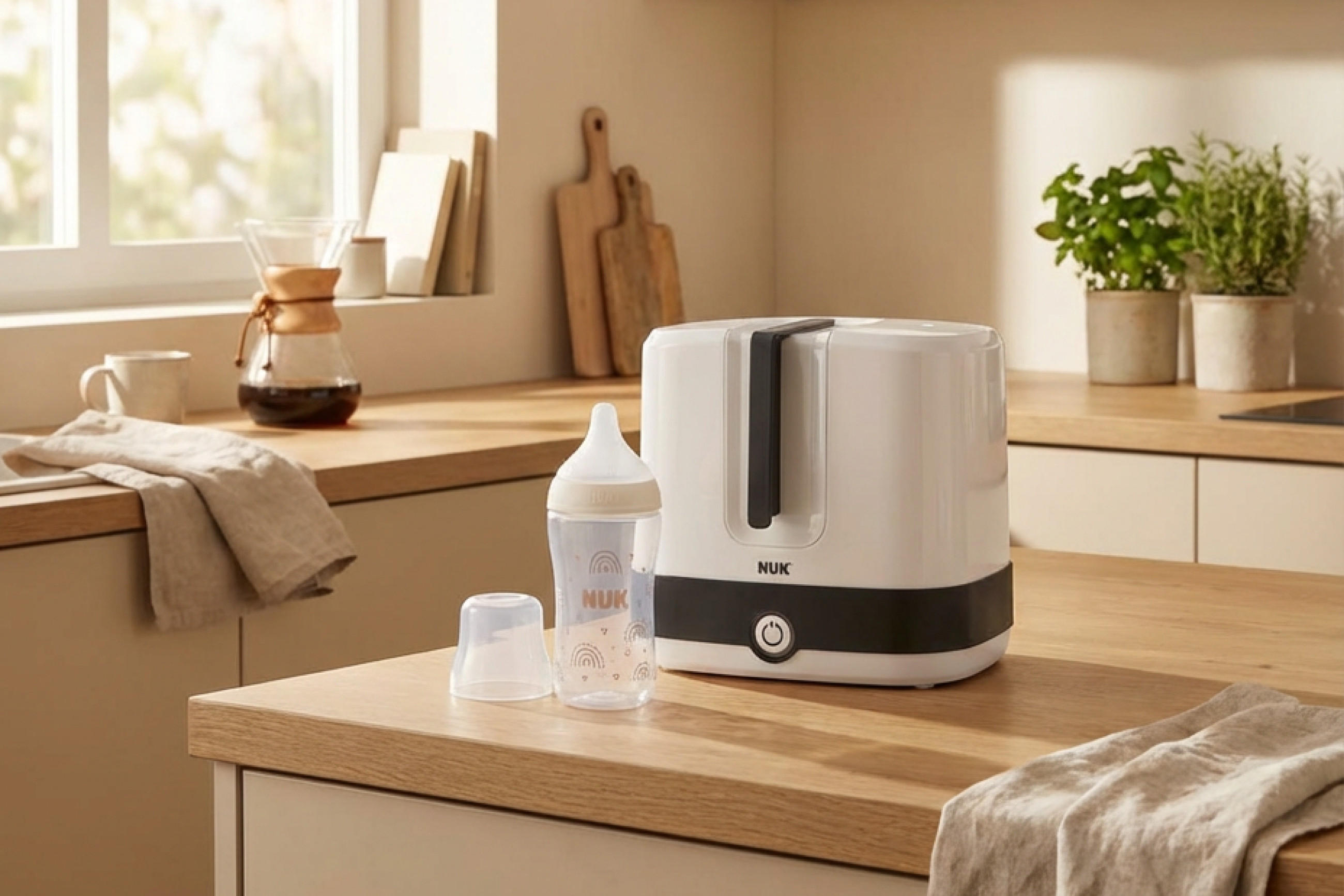 Auf einer Küchenarbeitsplatte steht ein weißer NUK-Flaschenwärmer neben einer Babyflasche mit Sauger und einer durchsichtigen Kappe, im Hintergrund sind ein Handtuch, eine Karaffe mit Kaffee, Schneidebretter und ein Topf mit grüner Pflanze zu sehen.