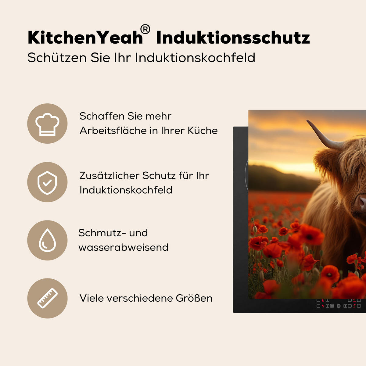 HERDABDECKPLATTE Schottische Highlander - Rosen - Blumenfeld - Sonnenuntergang Herdabdeckung Induktionsfeld 65x52 cm - Rotbraun, Kunststoff (65/52/0.2cm) - MuchoWow
