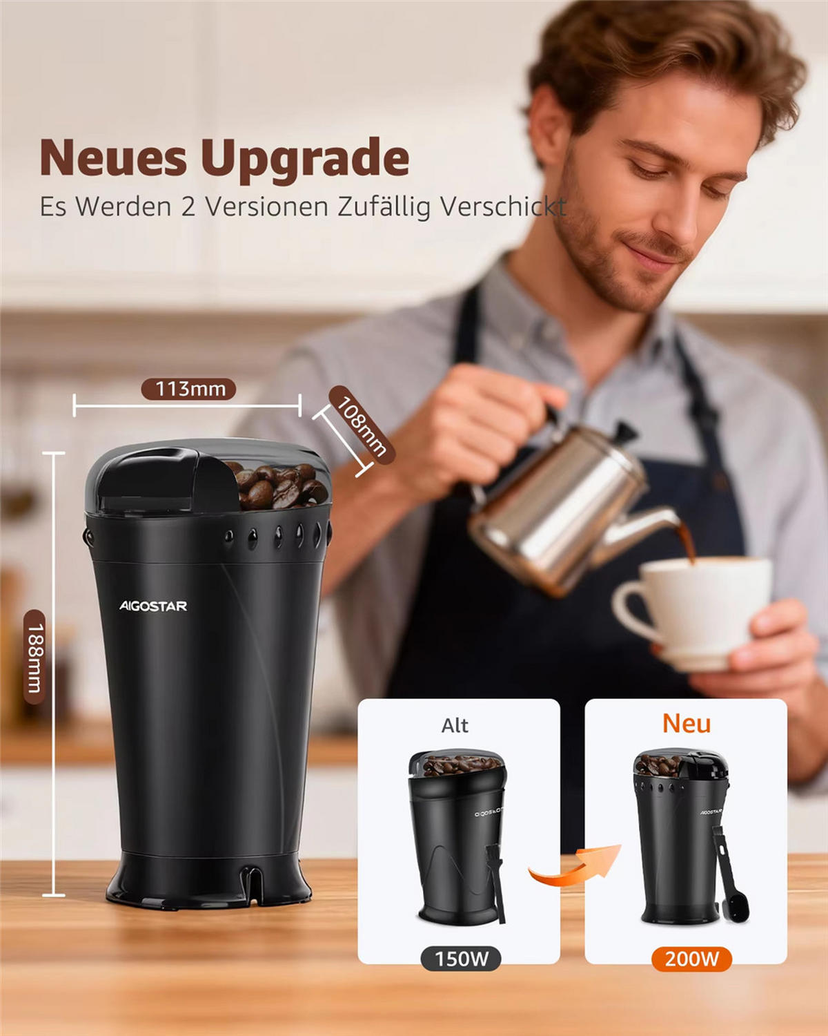 KAFFEEMÜHLE Elektrisch Gewürzmühle 150W Edelstahl Schwarz - Schwarz, Kunststoff (10.8/18.8/11.3cm) - Bextcok