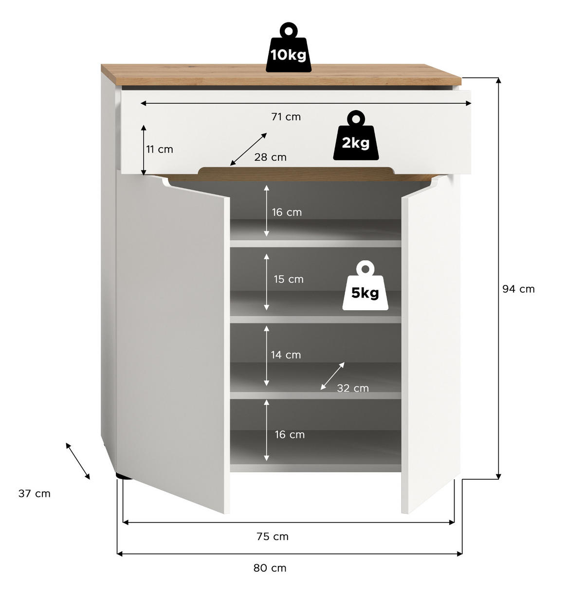 FLURKOMMODE weiß, Eiche Artisan 80 x 94 cm, Schuhschrank mit Soft-Close - Weiß, Holzwerkstoff (80/94/37cm) - Inn.Furn