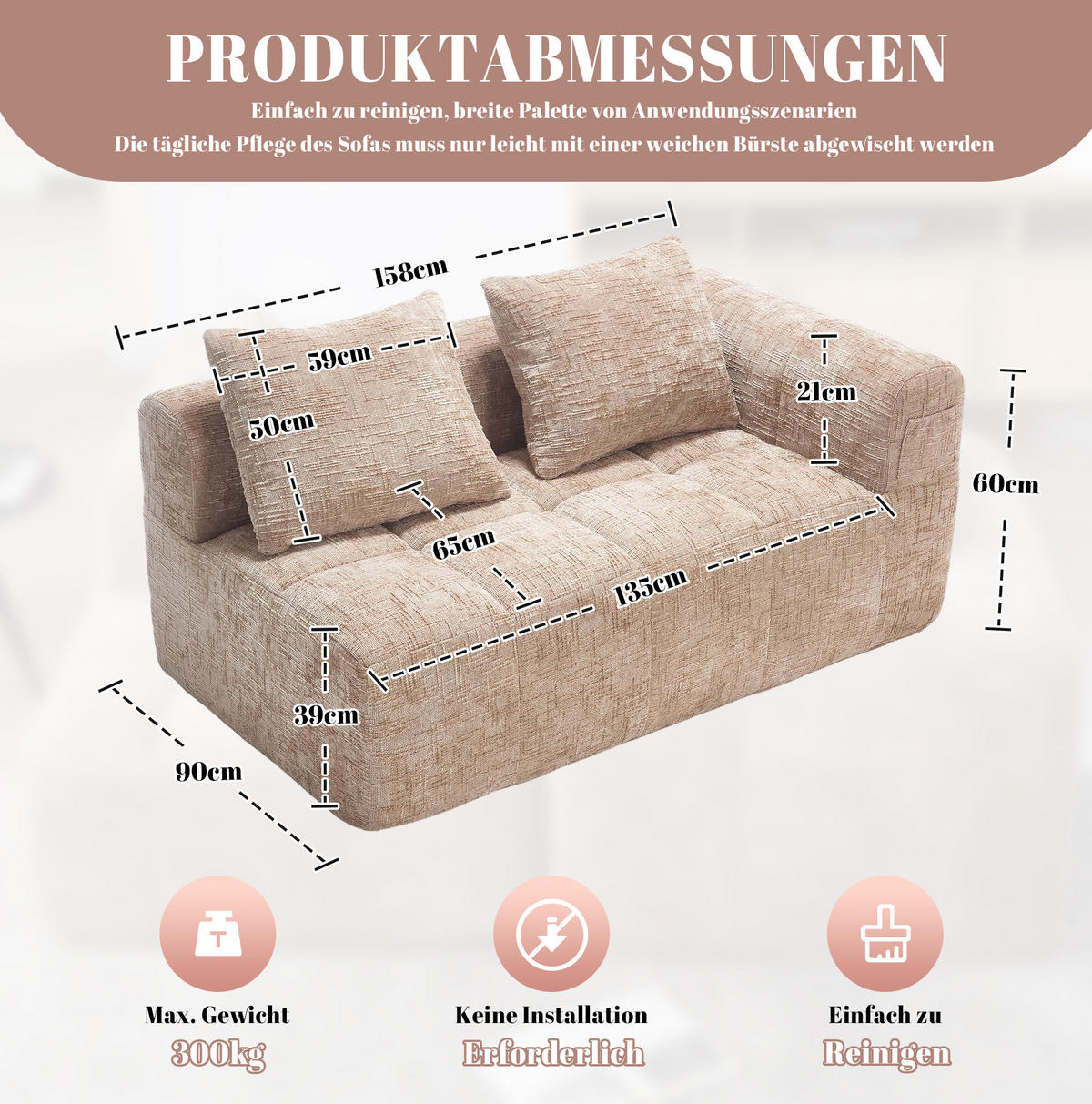SOFA Chenille mit Chaiselongue und Seitentaschen 158/90/60 cm Sandfarben - Sandfarben, Textil (60/158/90cm) - Redom