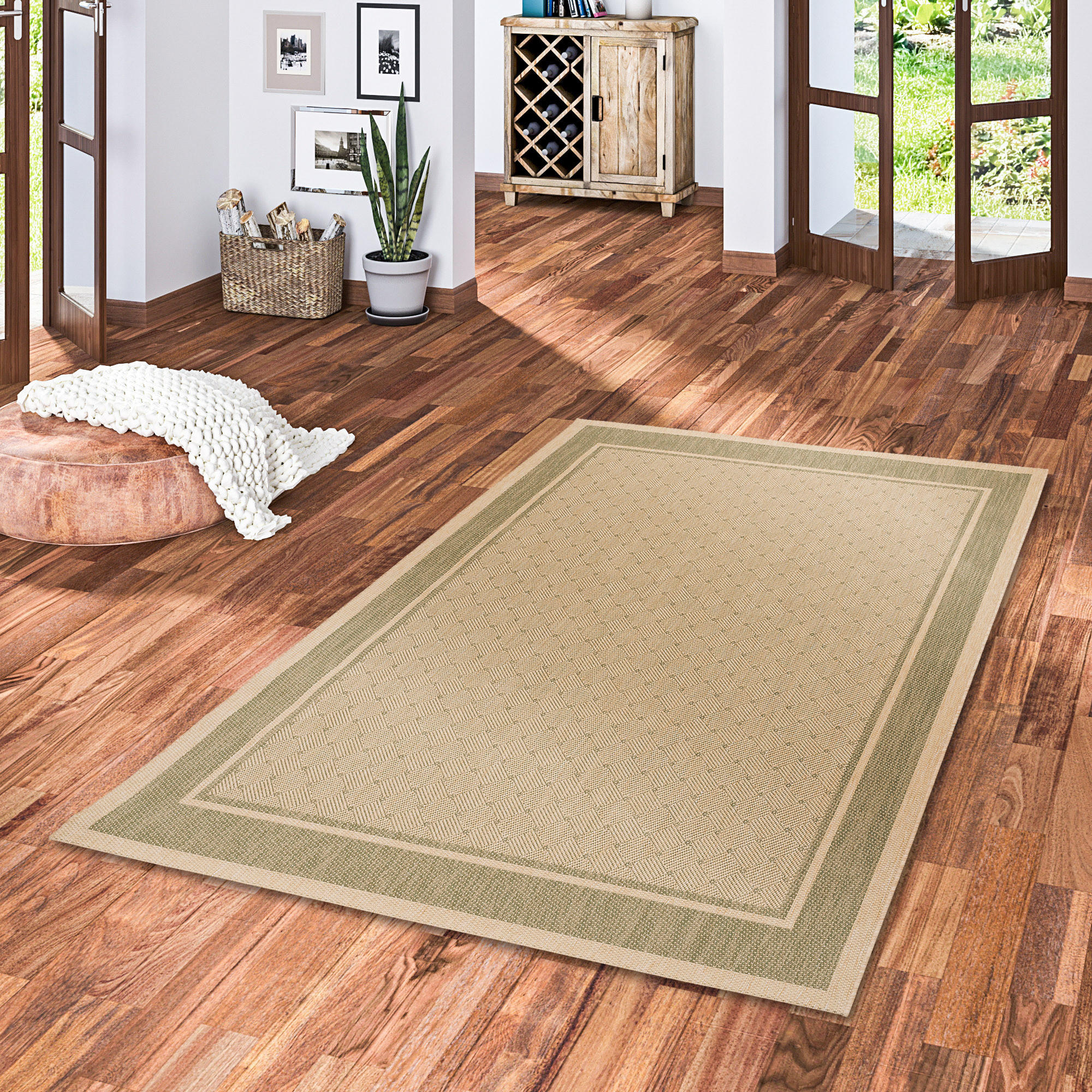 MODERN FLACHGEWEBE RUGGY KARO BORDÜRE - Beige/Grün, Textil (140/200cm) - Pergamon