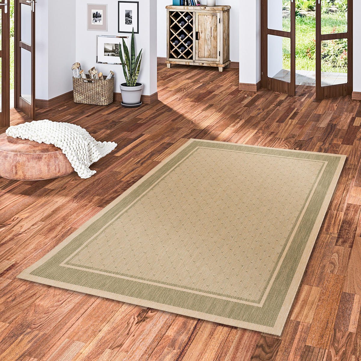 MODERN FLACHGEWEBE RUGGY KARO BORDÜRE - Beige/Grün, Textil (140/200cm) - Pergamon