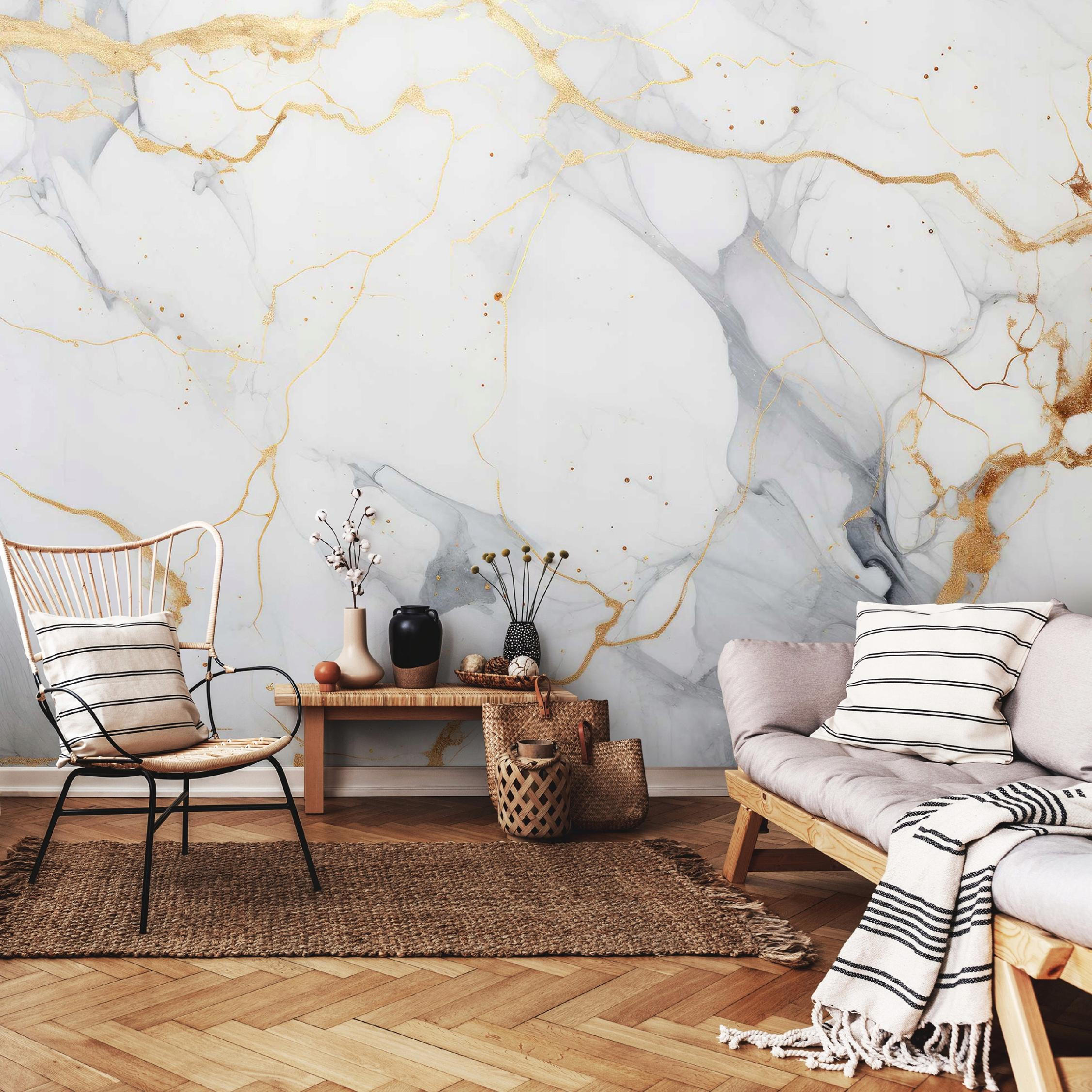 FOTOTAPETE Marmor Abstraktion Gold Weiß Wohnzimmer Vliestapete 250x175 - Grau, Papier (250/175cm) - Wallarena
