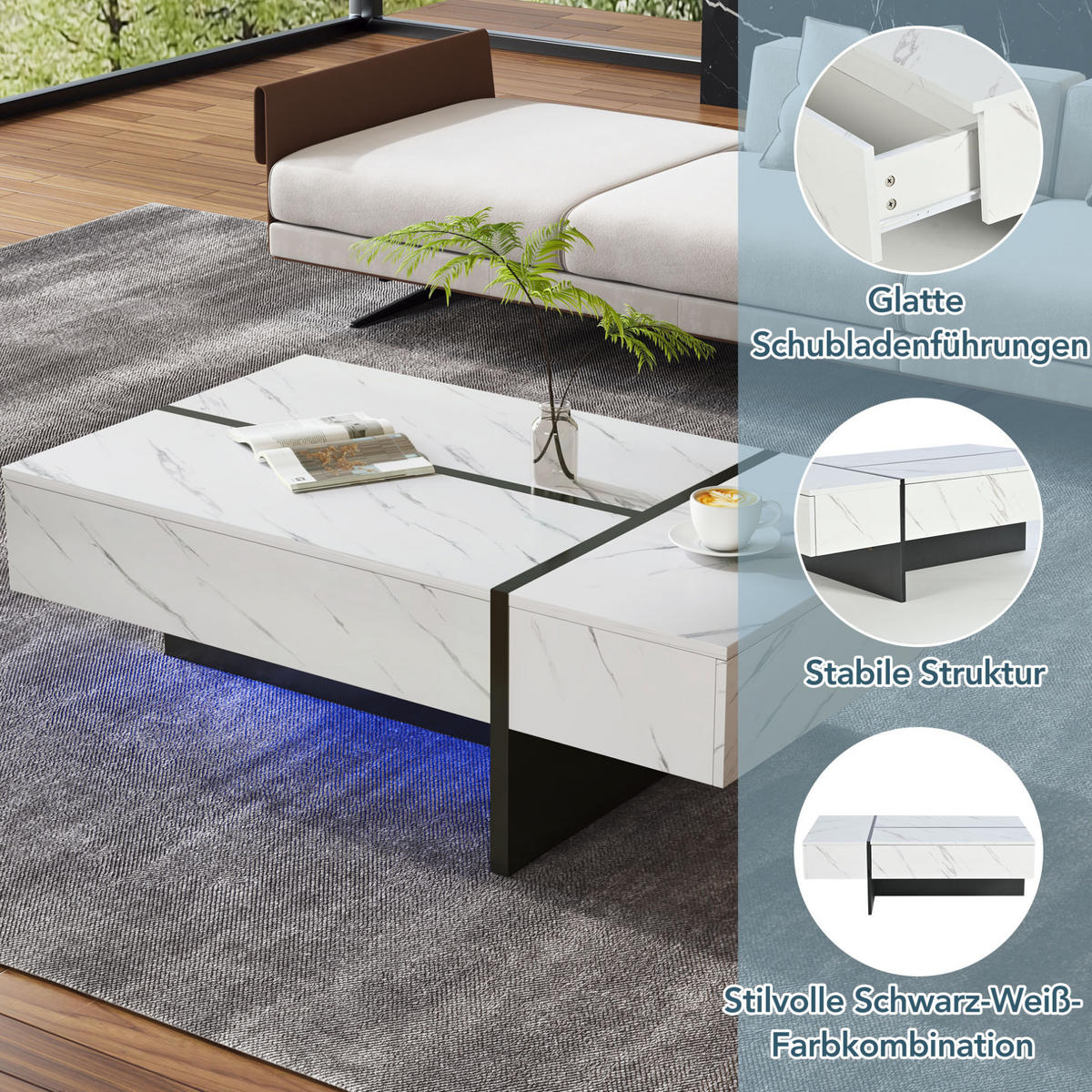 COUCHTISCH 105/60/35 cm in Weiß mit LED-Beleuchtung und 3 Schubladen - Weiß, Holzwerkstoff (105/60/35cm) - Flora Grace