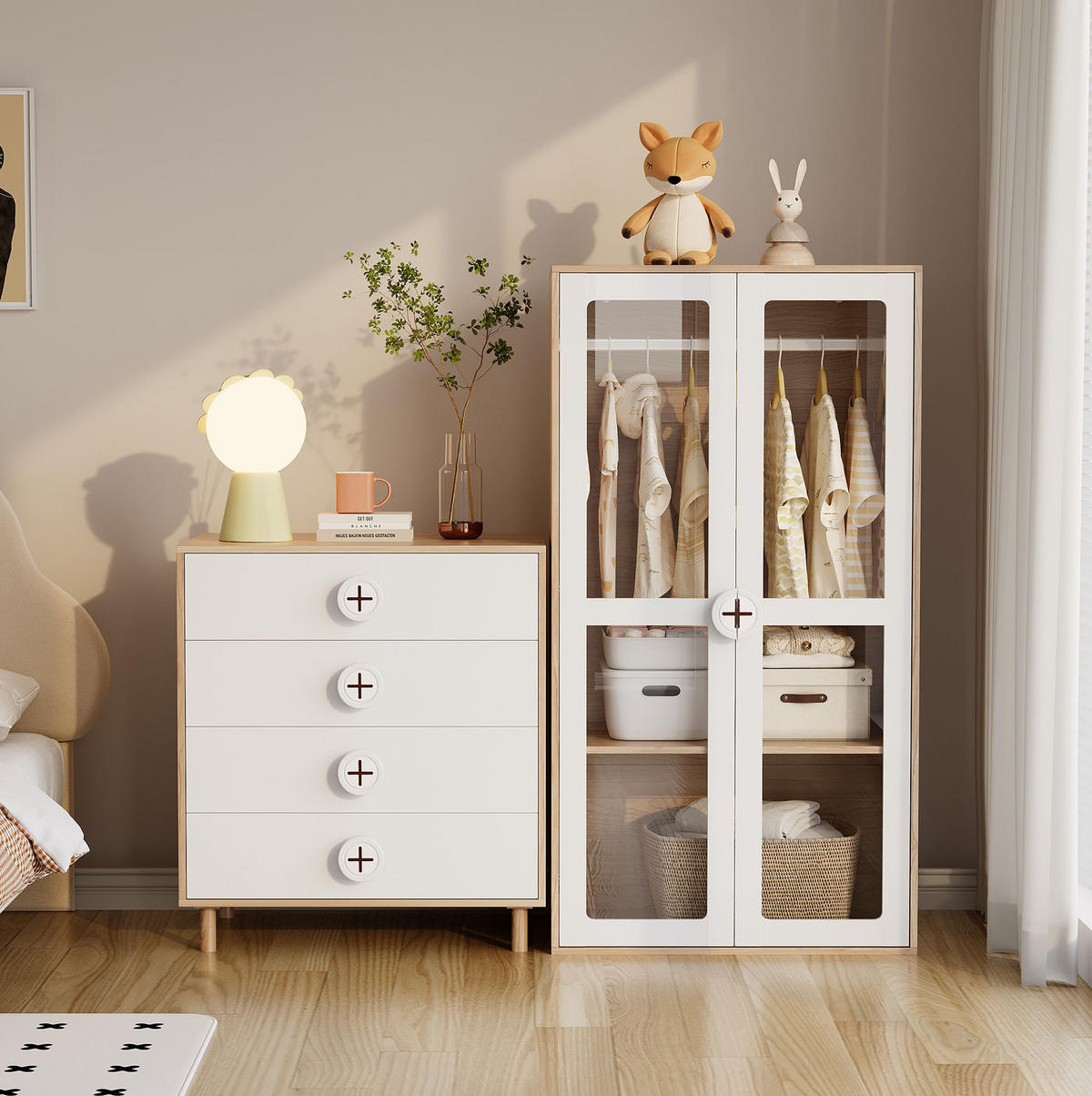 KLEIDERSCHRANK-SET 80/50/150 cm in Weiß/Natur mit 4 Schubladen und Acryltüren - Naturfarben, Holzwerkstoff (160/150/50cm) - BEAOK