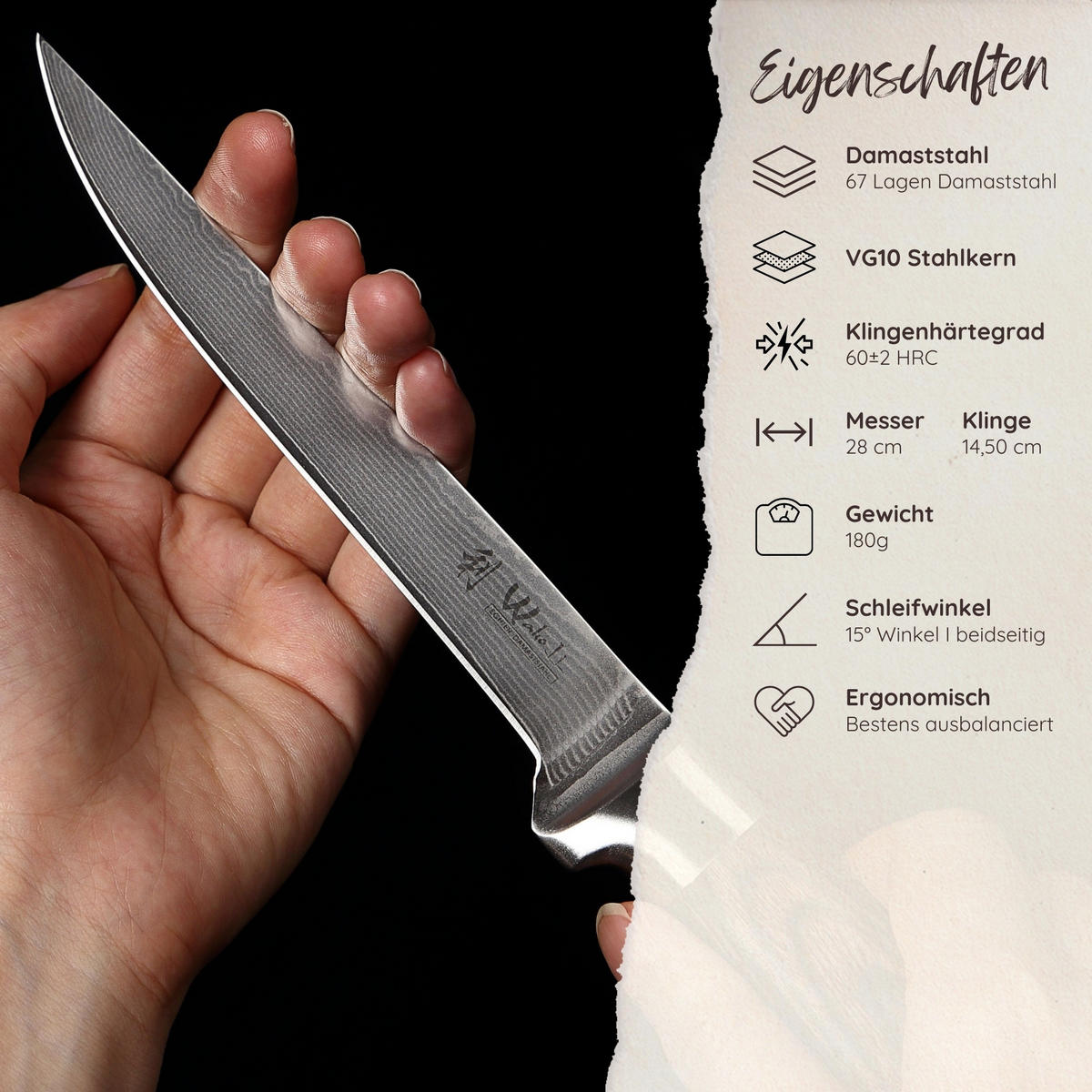 AUSBEINMESSER aus Damast I EDIB - Braun, Holz/Metall (30cm) - Wakoli